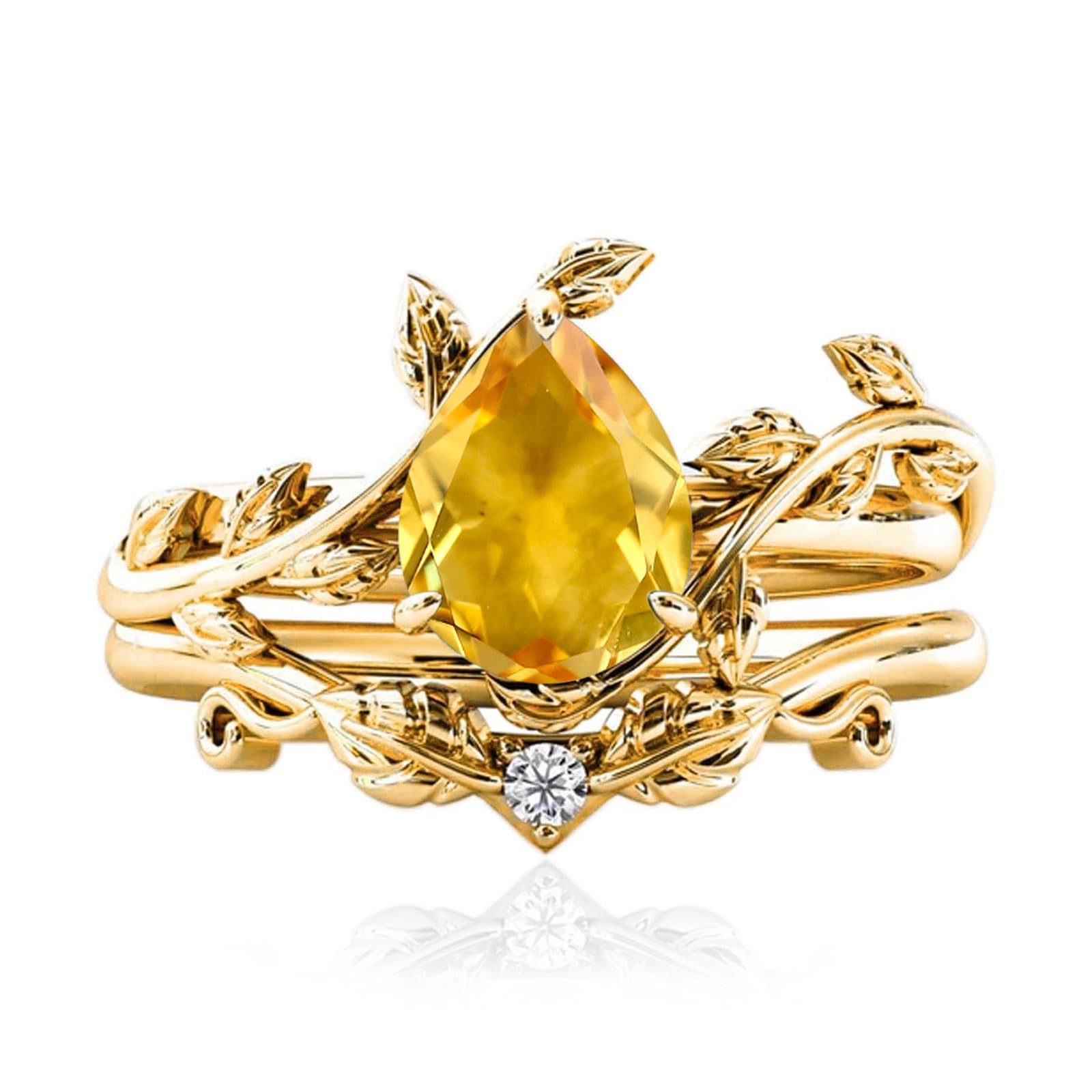 10k/14k/18k Solid Gold 1.5CT Pear Gemstone Vintage Bridal Ring Set for Women Nature Inspired Leaf Vine Art Deco Birthstone Rings Sets Anniversary Engagement Jewelry Gifts for Her Wife Size 4~12