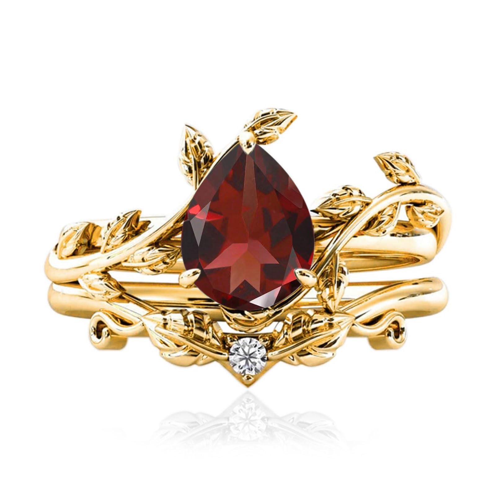 10k/14k/18k Solid Gold 1.5CT Pear Gemstone Vintage Bridal Ring Set for Women Nature Inspired Leaf Vine Art Deco Birthstone Rings Sets Anniversary Engagement Jewelry Gifts for Her Wife Size 4~12