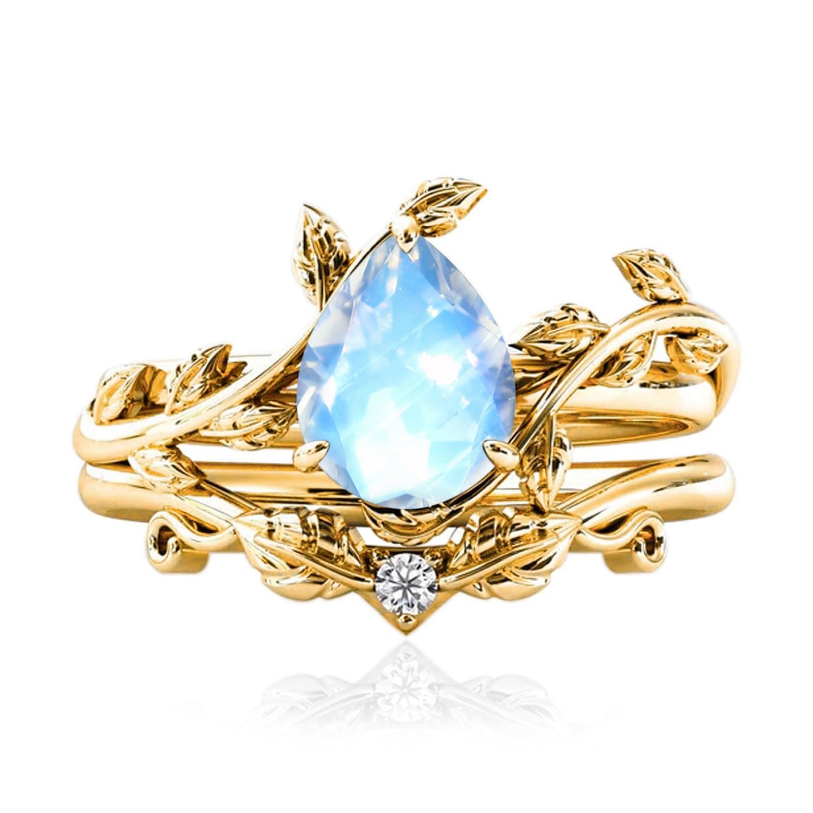 10k/14k/18k Solid Gold 1.5CT Pear Gemstone Vintage Bridal Ring Set for Women Nature Inspired Leaf Vine Art Deco Birthstone Rings Sets Anniversary Engagement Jewelry Gifts for Her Wife Size 4~12