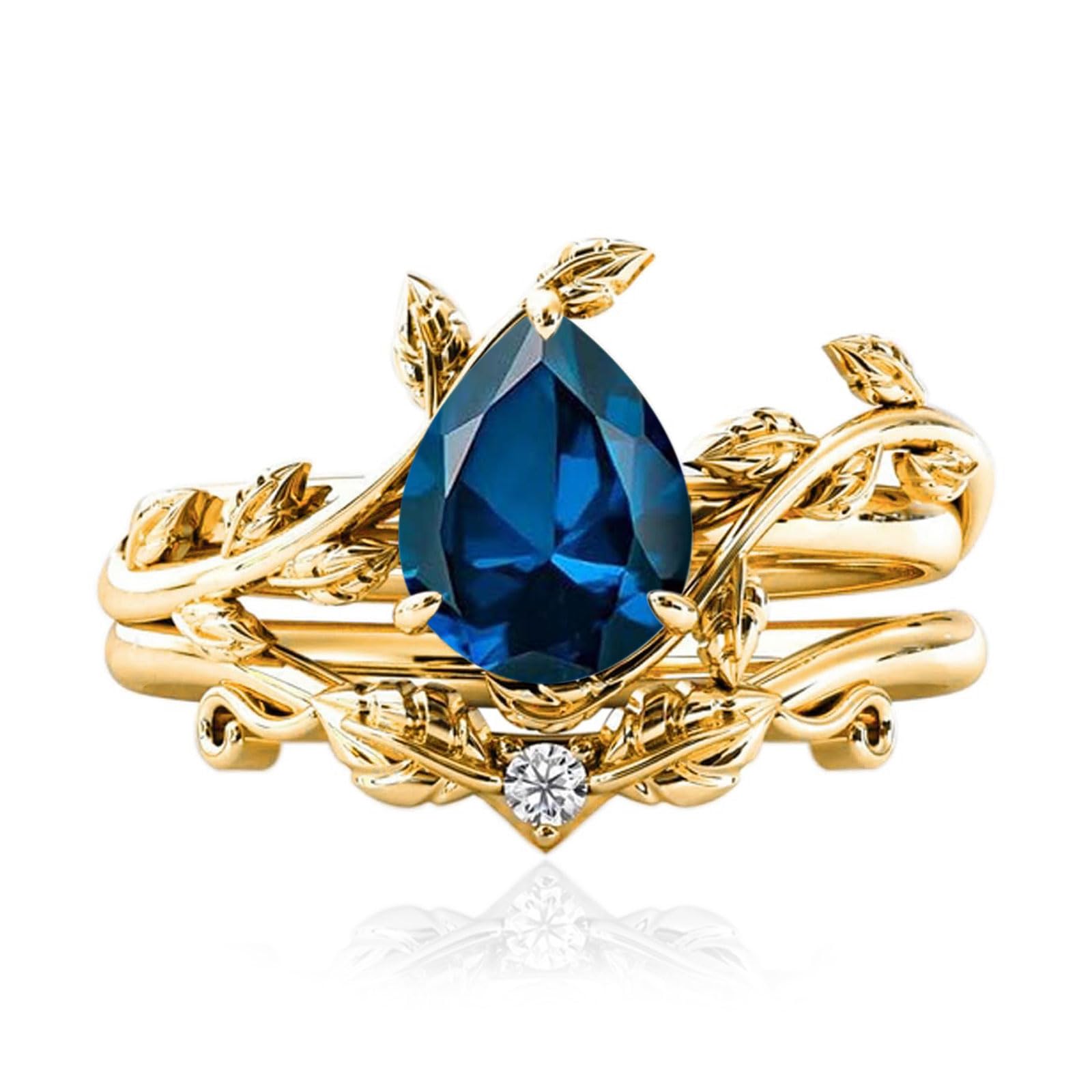 10k/14k/18k Solid Gold 1.5CT Pear Gemstone Vintage Bridal Ring Set for Women Nature Inspired Leaf Vine Art Deco Birthstone Rings Sets Anniversary Engagement Jewelry Gifts for Her Wife Size 4~12