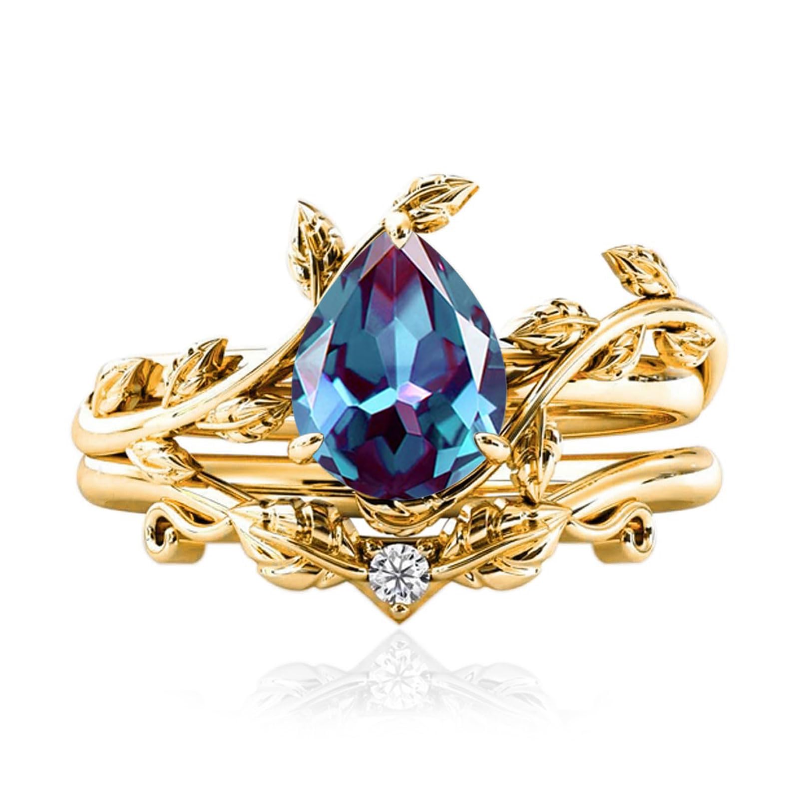 10k/14k/18k Solid Gold 1.5CT Pear Gemstone Vintage Bridal Ring Set for Women Nature Inspired Leaf Vine Art Deco Birthstone Rings Sets Anniversary Engagement Jewelry Gifts for Her Wife Size 4~12