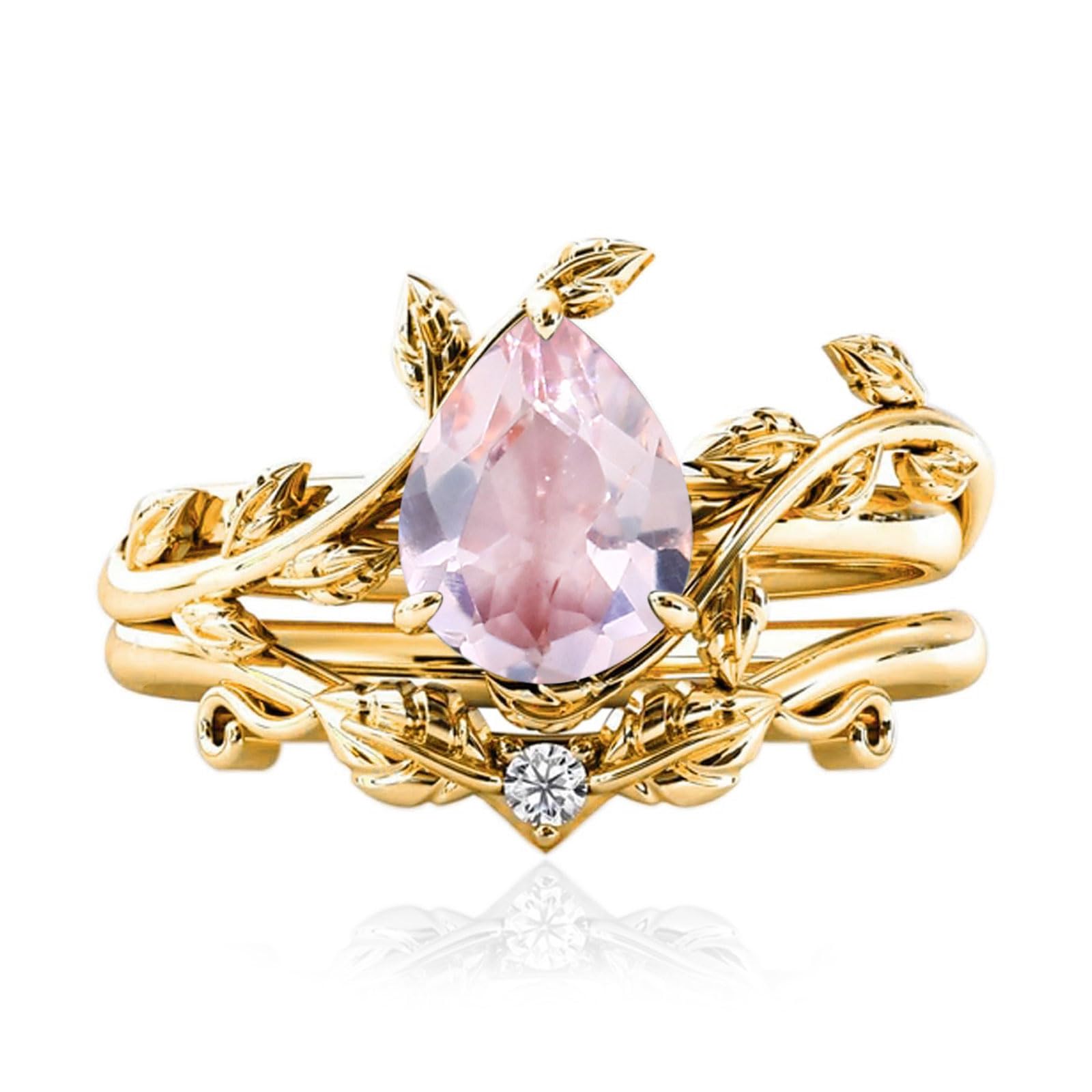 10k/14k/18k Solid Gold 1.5CT Pear Gemstone Vintage Bridal Ring Set for Women Nature Inspired Leaf Vine Art Deco Birthstone Rings Sets Anniversary Engagement Jewelry Gifts for Her Wife Size 4~12