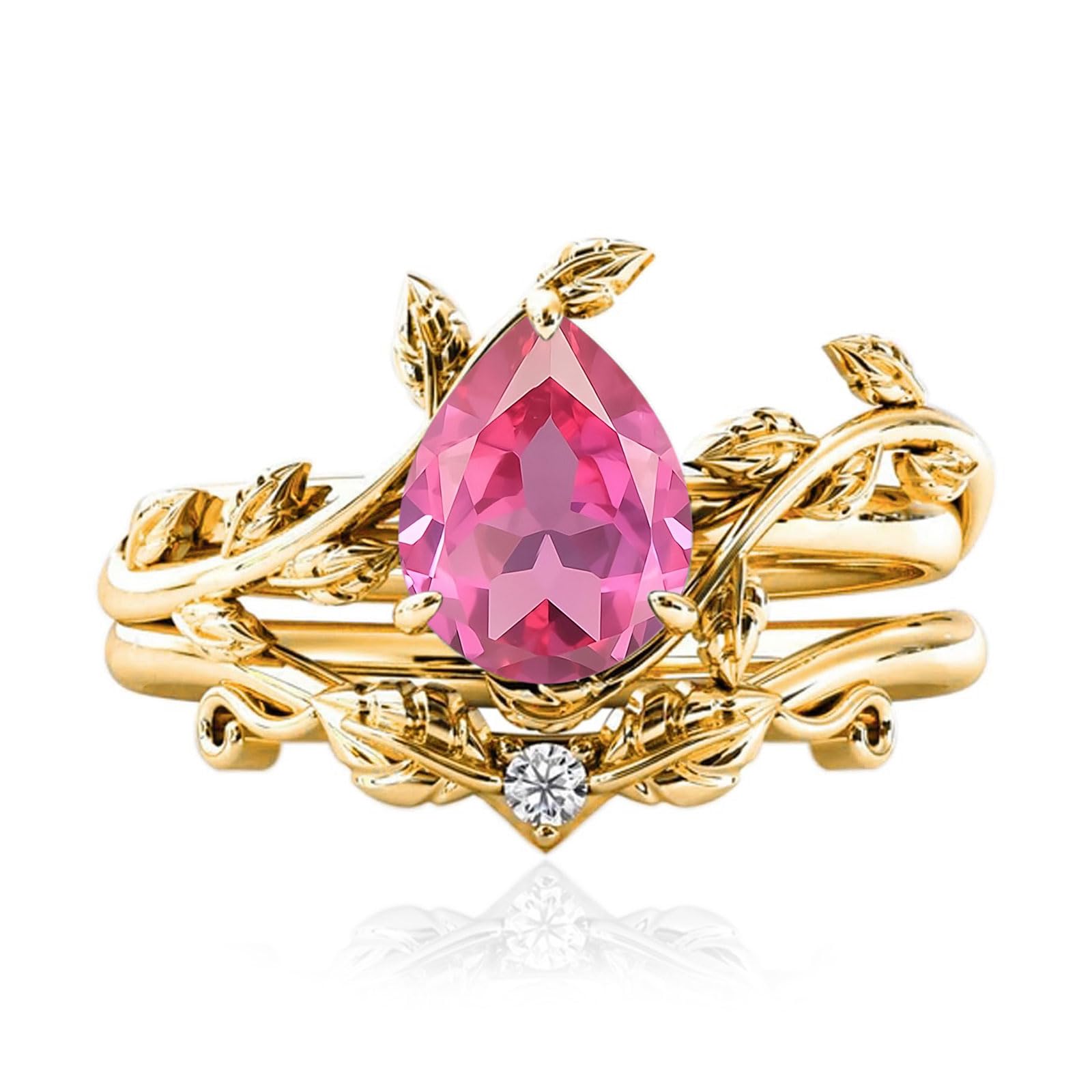 10k/14k/18k Solid Gold 1.5CT Pear Gemstone Vintage Bridal Ring Set for Women Nature Inspired Leaf Vine Art Deco Birthstone Rings Sets Anniversary Engagement Jewelry Gifts for Her Wife Size 4~12