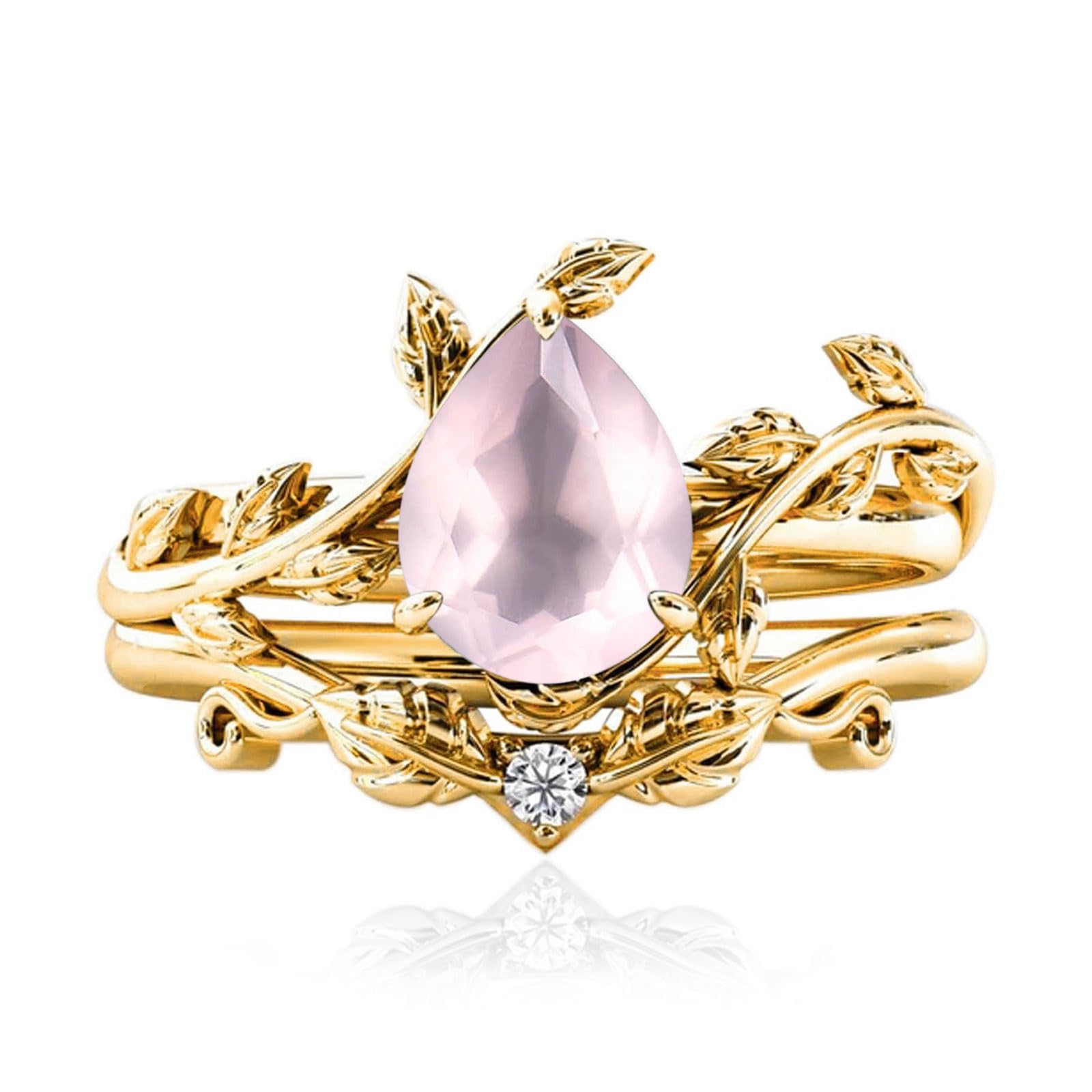10k/14k/18k Solid Gold 1.5CT Pear Gemstone Vintage Bridal Ring Set for Women Nature Inspired Leaf Vine Art Deco Birthstone Rings Sets Anniversary Engagement Jewelry Gifts for Her Wife Size 4~12
