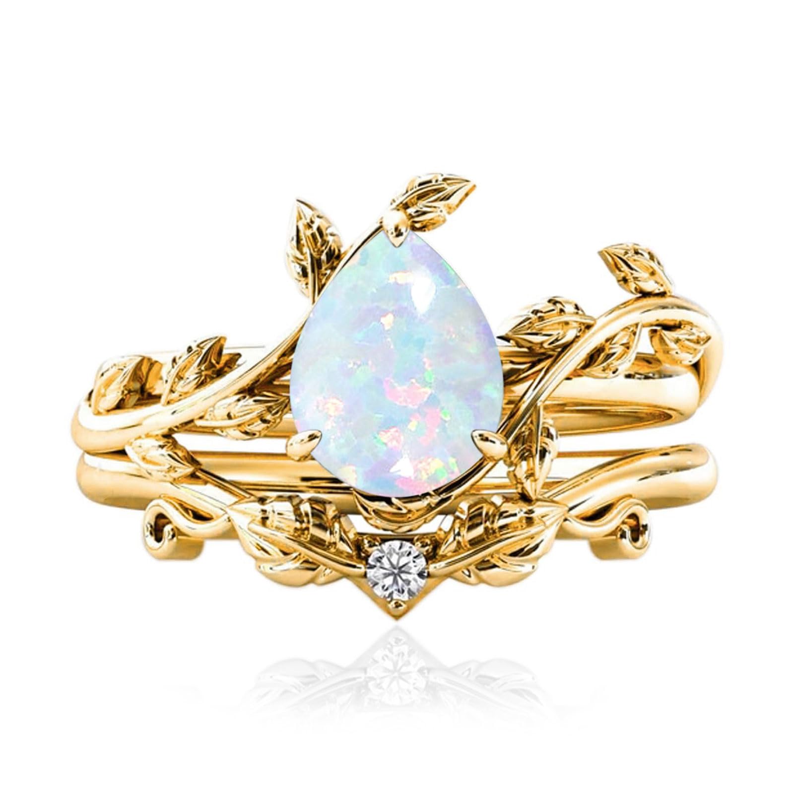 10k/14k/18k Solid Gold 1.5CT Pear Gemstone Vintage Bridal Ring Set for Women Nature Inspired Leaf Vine Art Deco Birthstone Rings Sets Anniversary Engagement Jewelry Gifts for Her Wife Size 4~12