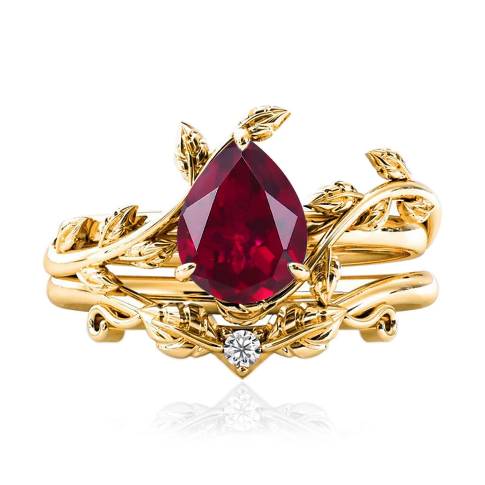 10k/14k/18k Solid Gold 1.5CT Pear Gemstone Vintage Bridal Ring Set for Women Nature Inspired Leaf Vine Art Deco Birthstone Rings Sets Anniversary Engagement Jewelry Gifts for Her Wife Size 4~12