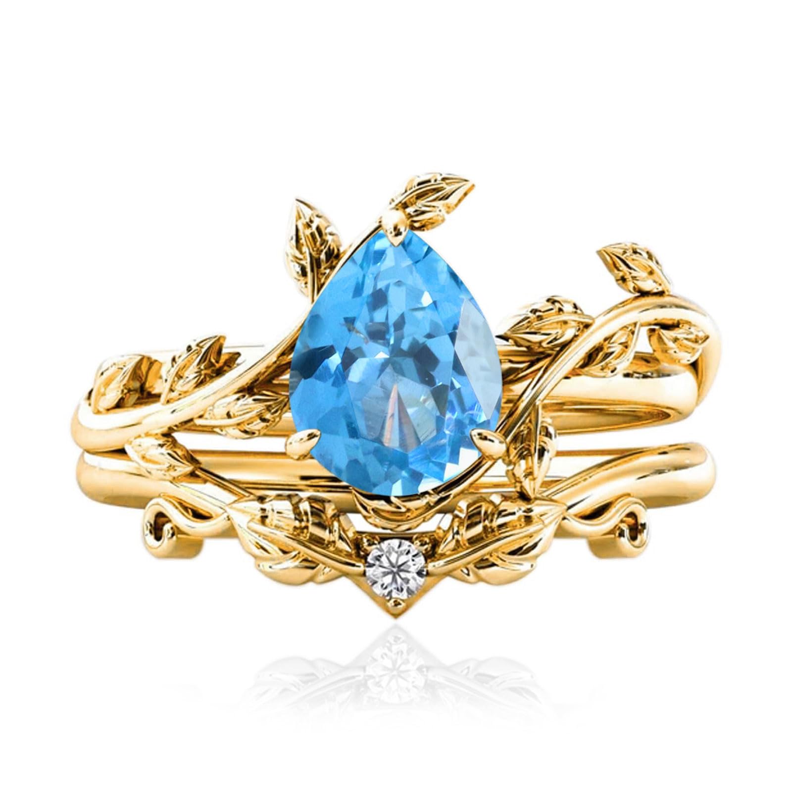 10k/14k/18k Solid Gold 1.5CT Pear Gemstone Vintage Bridal Ring Set for Women Nature Inspired Leaf Vine Art Deco Birthstone Rings Sets Anniversary Engagement Jewelry Gifts for Her Wife Size 4~12