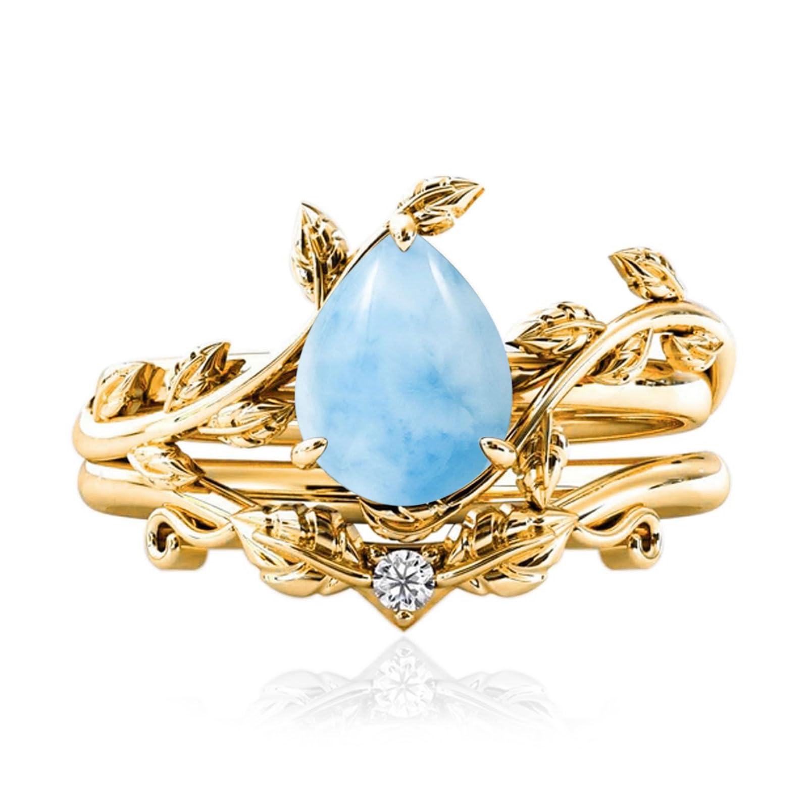 10k/14k/18k Solid Gold 1.5CT Pear Gemstone Vintage Bridal Ring Set for Women Nature Inspired Leaf Vine Art Deco Birthstone Rings Sets Anniversary Engagement Jewelry Gifts for Her Wife Size 4~12