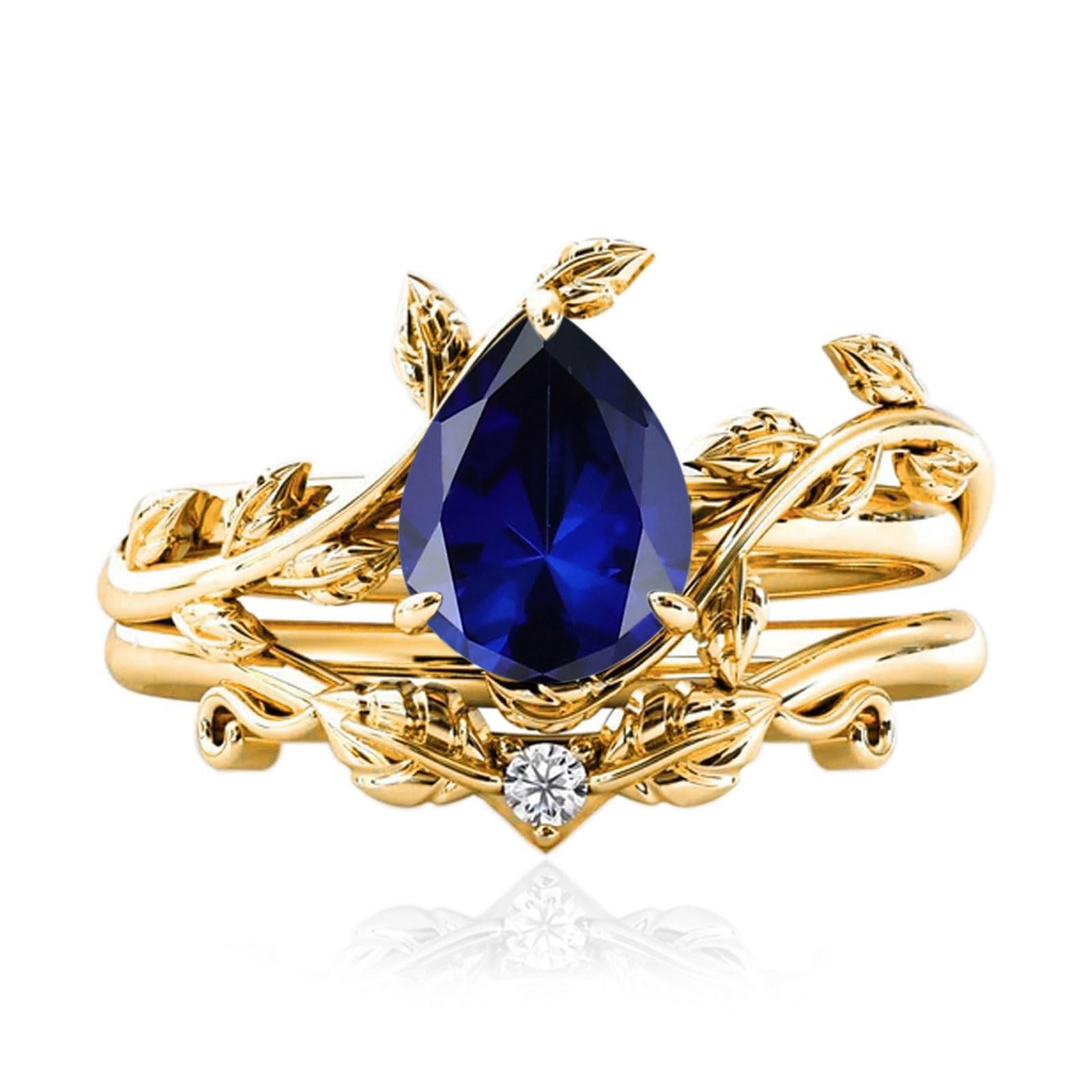 10k/14k/18k Solid Gold 1.5CT Pear Gemstone Vintage Bridal Ring Set for Women Nature Inspired Leaf Vine Art Deco Birthstone Rings Sets Anniversary Engagement Jewelry Gifts for Her Wife Size 4~12
