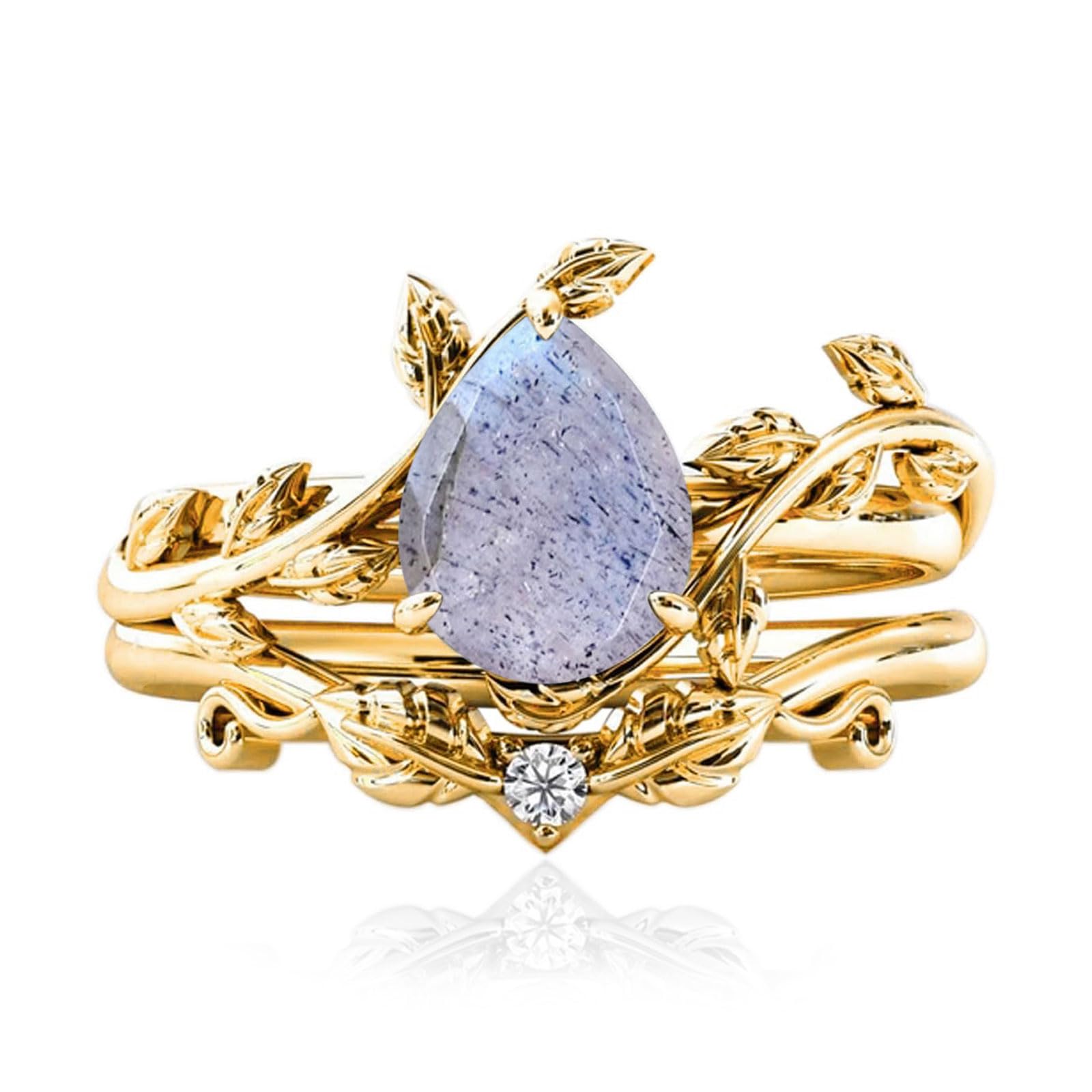 10k/14k/18k Solid Gold 1.5CT Pear Gemstone Vintage Bridal Ring Set for Women Nature Inspired Leaf Vine Art Deco Birthstone Rings Sets Anniversary Engagement Jewelry Gifts for Her Wife Size 4~12