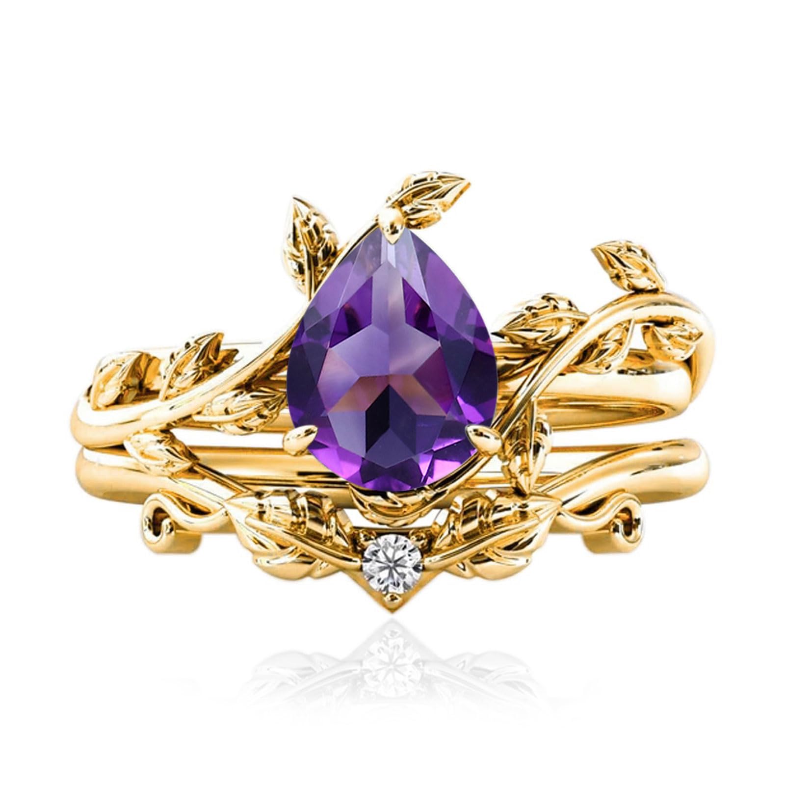 10k/14k/18k Solid Gold 1.5CT Pear Gemstone Vintage Bridal Ring Set for Women Nature Inspired Leaf Vine Art Deco Birthstone Rings Sets Anniversary Engagement Jewelry Gifts for Her Wife Size 4~12