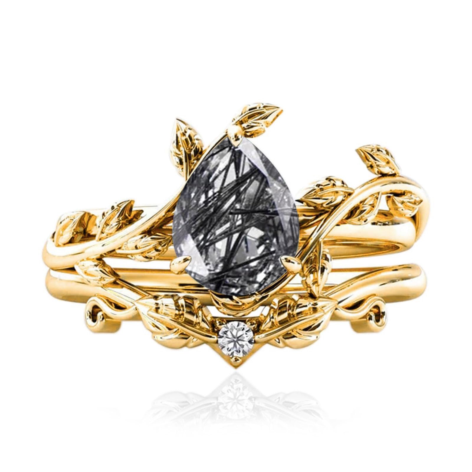 10k/14k/18k Solid Gold 1.5CT Pear Gemstone Vintage Bridal Ring Set for Women Nature Inspired Leaf Vine Art Deco Birthstone Rings Sets Anniversary Engagement Jewelry Gifts for Her Wife Size 4~12