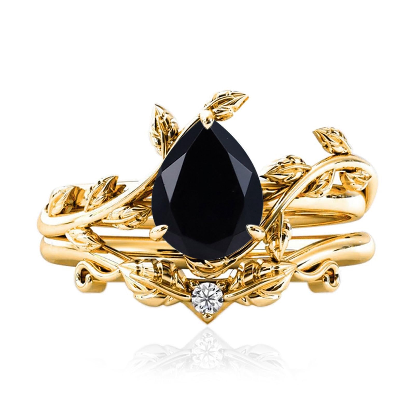 10k/14k/18k Solid Gold 1.5CT Pear Gemstone Vintage Bridal Ring Set for Women Nature Inspired Leaf Vine Art Deco Birthstone Rings Sets Anniversary Engagement Jewelry Gifts for Her Wife Size 4~12