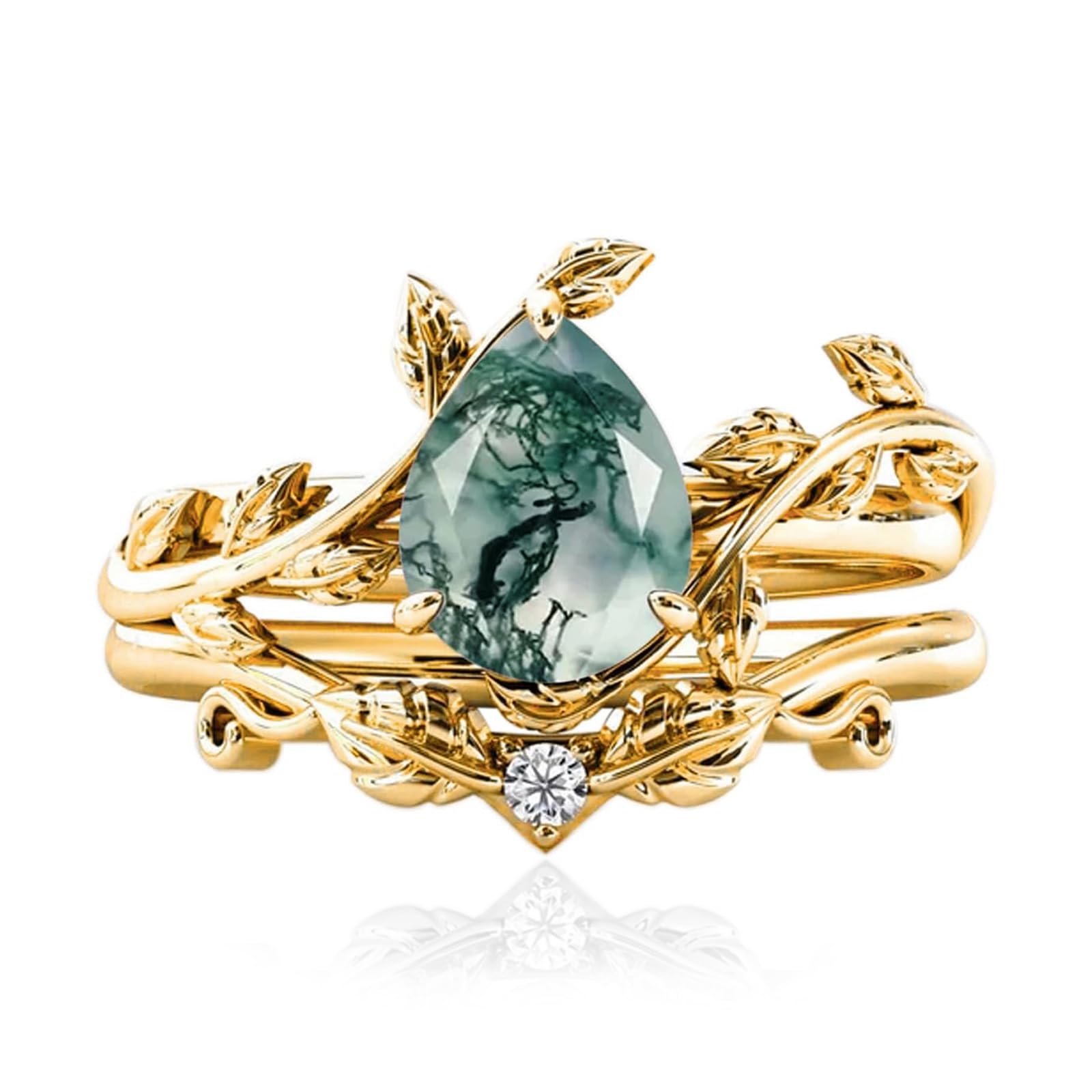 10k/14k/18k Solid Gold 1.5CT Pear Gemstone Vintage Bridal Ring Set for Women Nature Inspired Leaf Vine Art Deco Birthstone Rings Sets Anniversary Engagement Jewelry Gifts for Her Wife Size 4~12