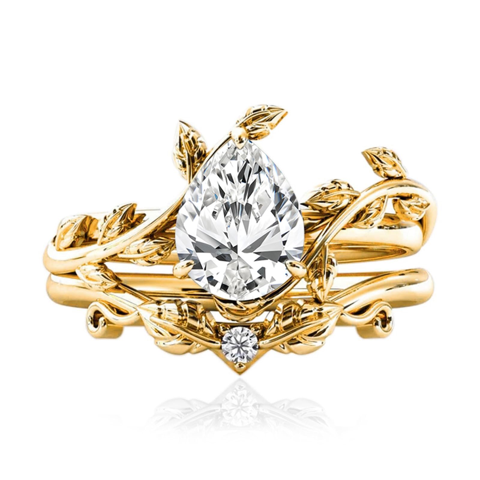 10k/14k/18k Solid Gold 1.5CT Pear Gemstone Vintage Bridal Ring Set for Women Nature Inspired Leaf Vine Art Deco Birthstone Rings Sets Anniversary Engagement Jewelry Gifts for Her Wife Size 4~12