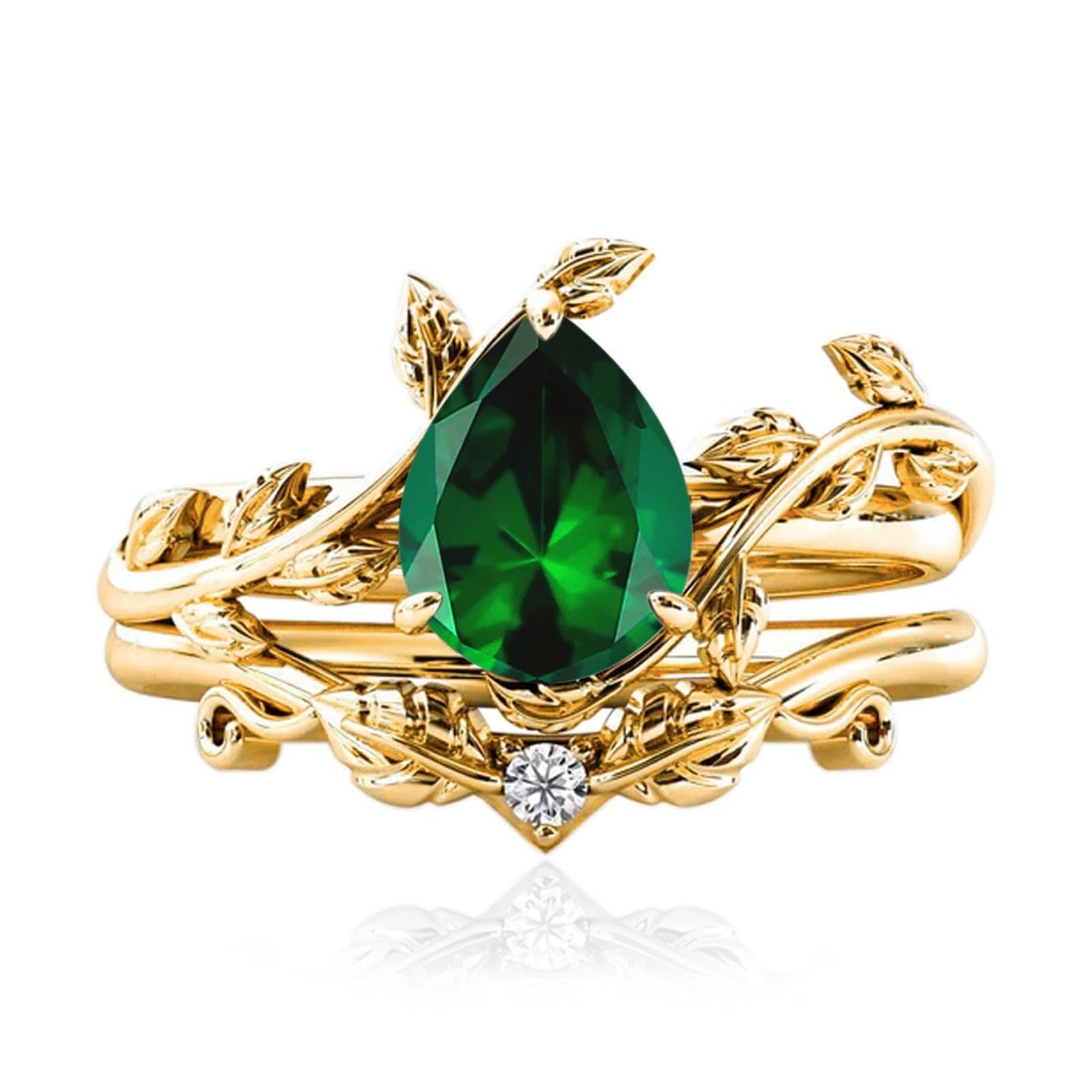 10k/14k/18k Solid Gold 1.5CT Pear Gemstone Vintage Bridal Ring Set for Women Nature Inspired Leaf Vine Art Deco Birthstone Rings Sets Anniversary Engagement Jewelry Gifts for Her Wife Size 4~12