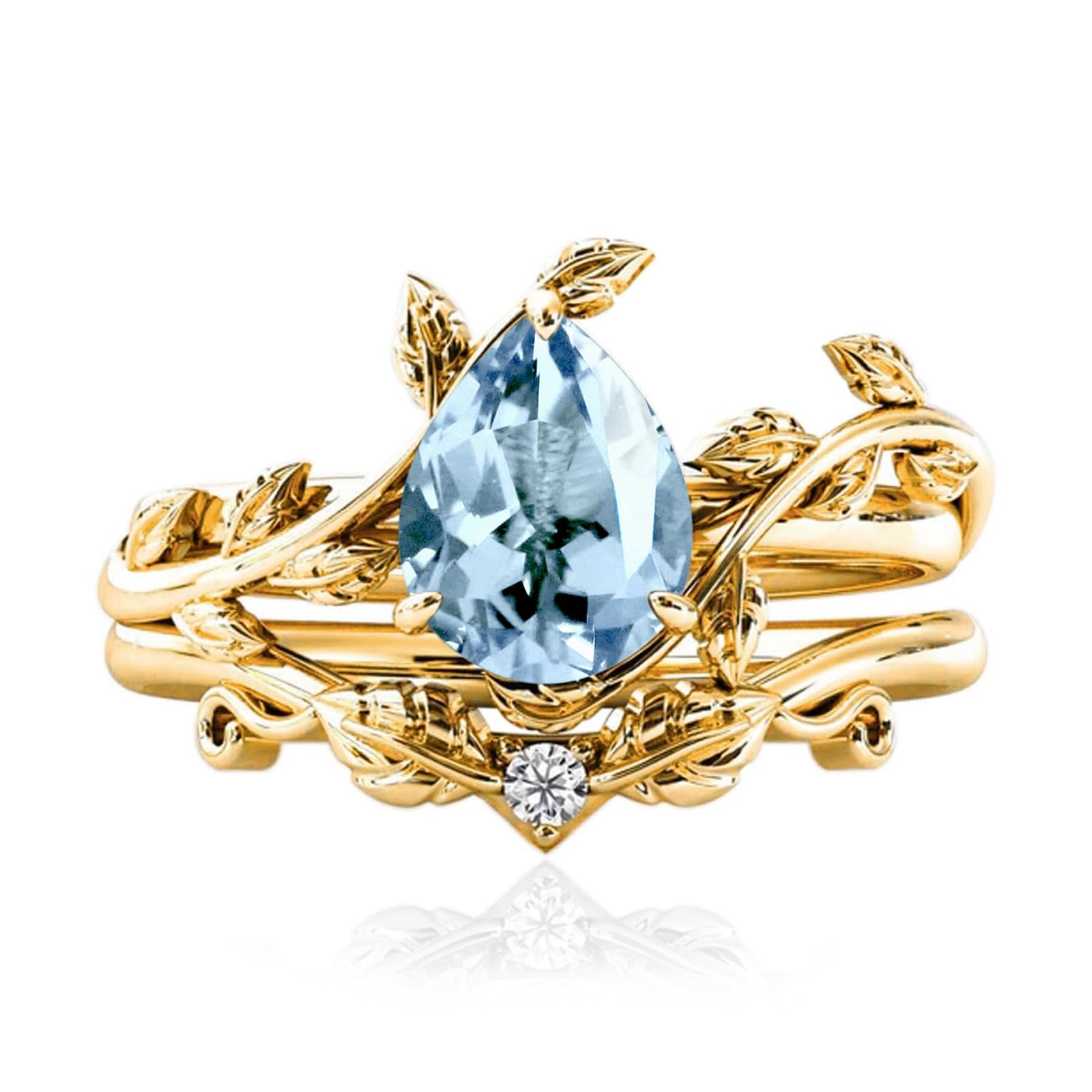 10k/14k/18k Solid Gold 1.5CT Pear Gemstone Vintage Bridal Ring Set for Women Nature Inspired Leaf Vine Art Deco Birthstone Rings Sets Anniversary Engagement Jewelry Gifts for Her Wife Size 4~12