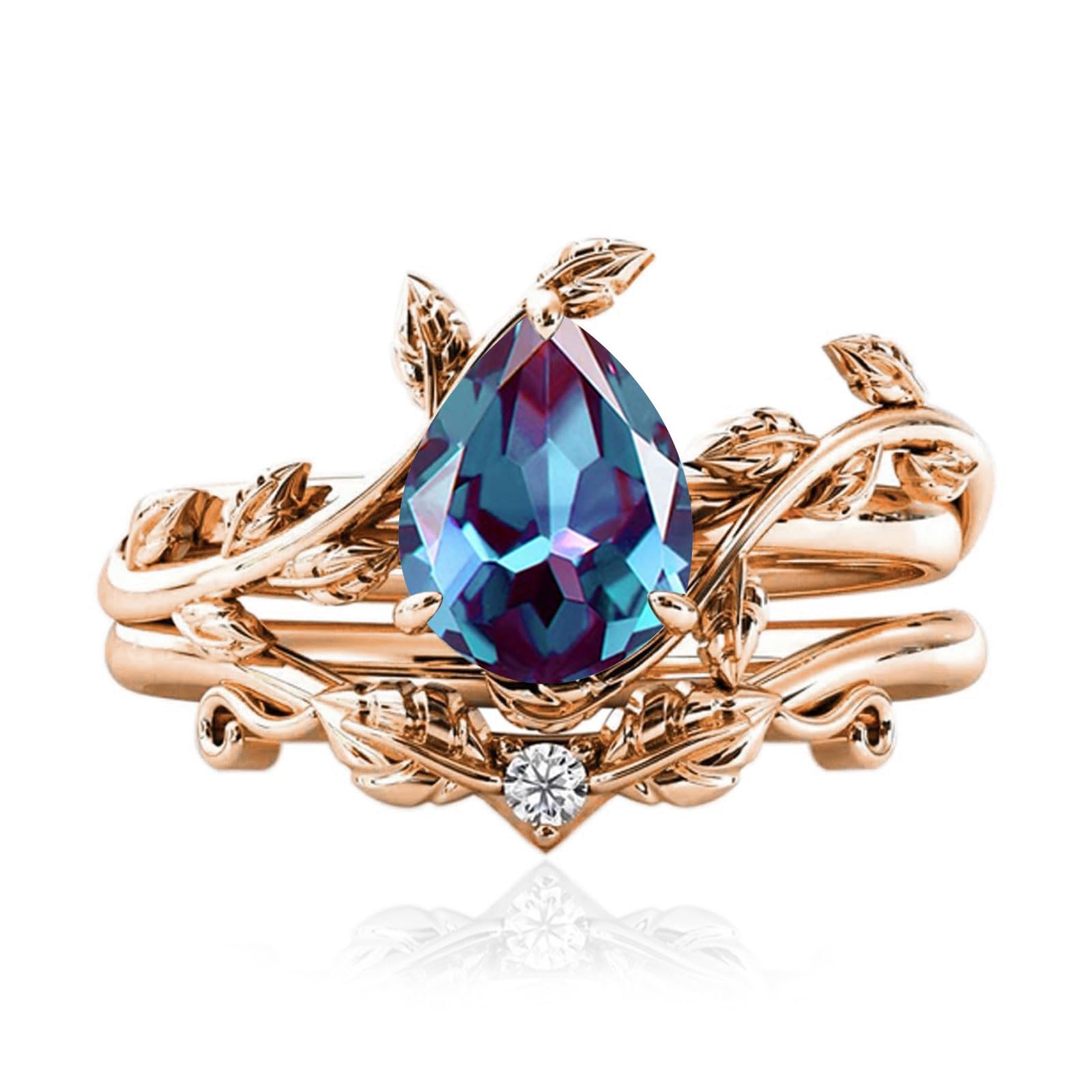 10k/14k/18k Solid Gold 1.5CT Pear Gemstone Vintage Bridal Ring Set for Women Nature Inspired Leaf Vine Art Deco Birthstone Rings Sets Anniversary Engagement Jewelry Gifts for Her Wife Size 4~12
