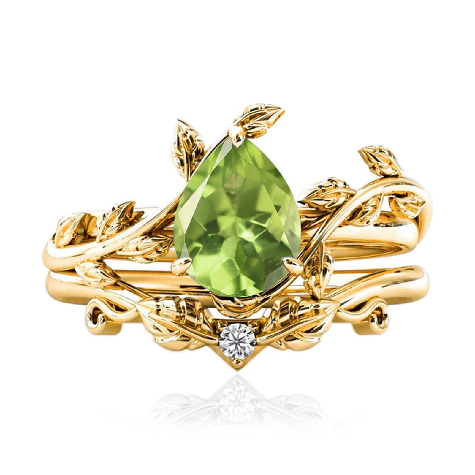 10k/14k/18k Solid Gold 1.5CT Pear Gemstone Vintage Bridal Ring Set for Women Nature Inspired Leaf Vine Art Deco Birthstone Rings Sets Anniversary Engagement Jewelry Gifts for Her Wife Size 4~12