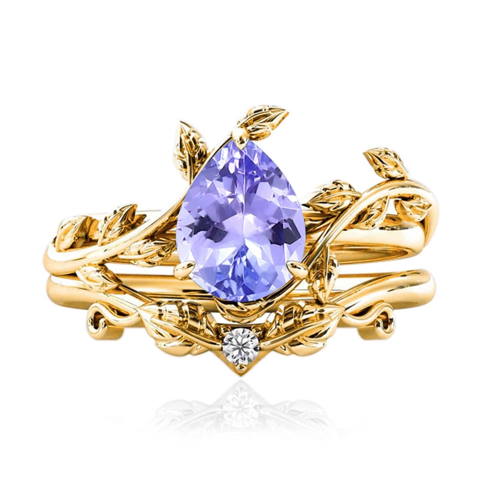 10k/14k/18k Solid Gold 1.5CT Pear Gemstone Vintage Bridal Ring Set for Women Nature Inspired Leaf Vine Art Deco Birthstone Rings Sets Anniversary Engagement Jewelry Gifts for Her Wife Size 4~12