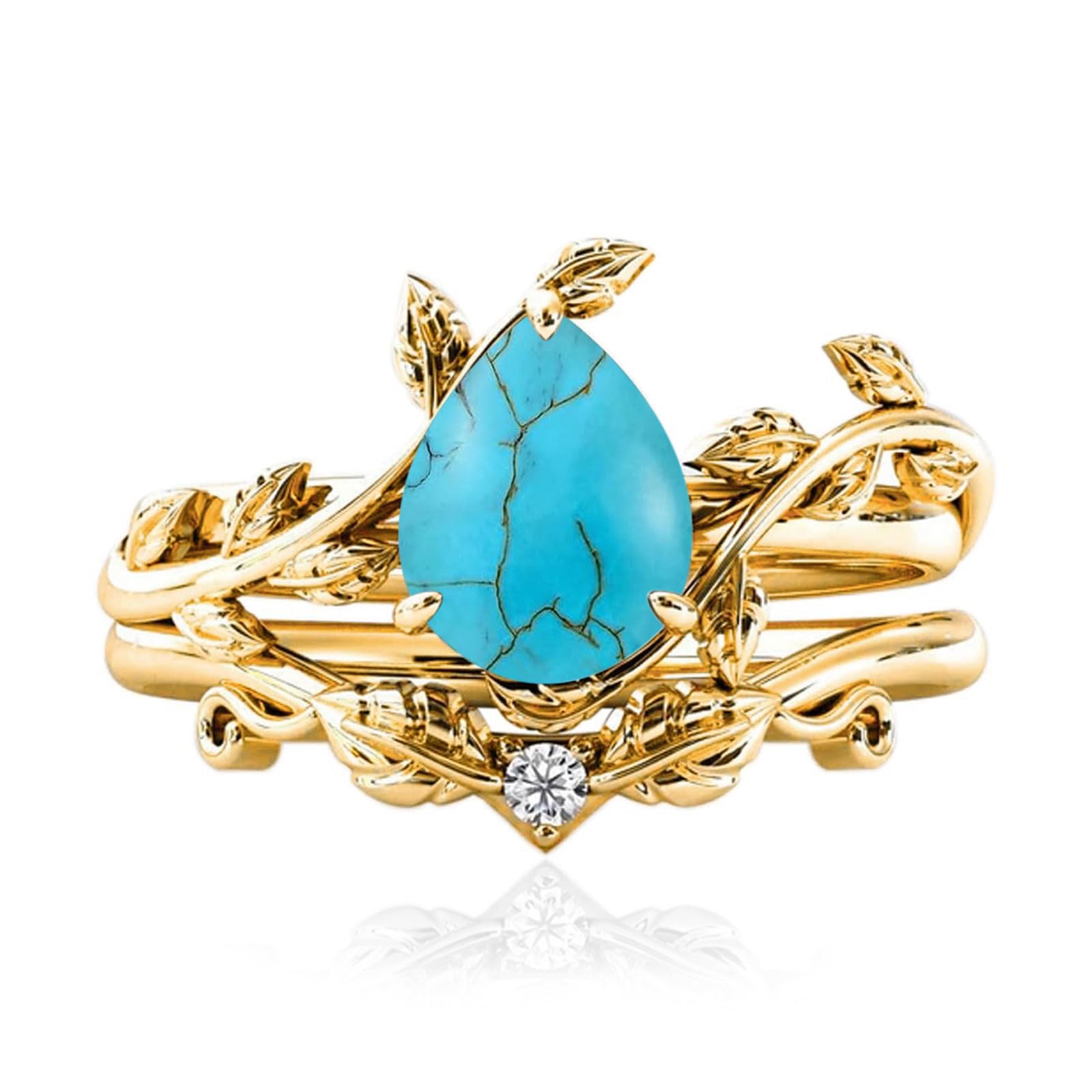 10k/14k/18k Solid Gold 1.5CT Pear Gemstone Vintage Bridal Ring Set for Women Nature Inspired Leaf Vine Art Deco Birthstone Rings Sets Anniversary Engagement Jewelry Gifts for Her Wife Size 4~12