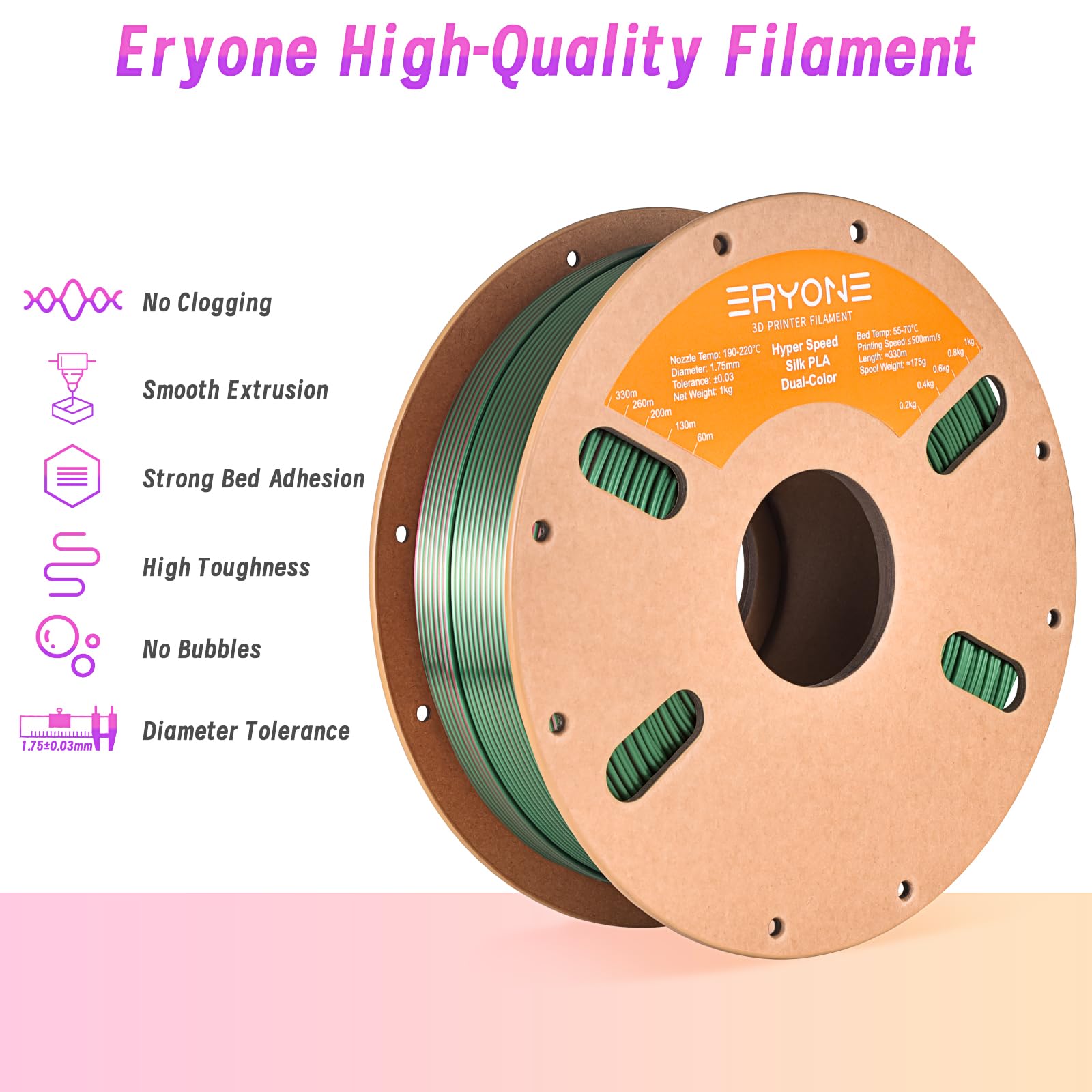 ERYONE Silk Filament PLA+ 1.75mm Shiny 3D Printer Filament, Multicolor PLA 4 in 1, 1kg (2.2LBS)/Spool, HS Silk Quadruple Color Aurora Dream (Teal Green & Violet & Electric Pink & Indigo)