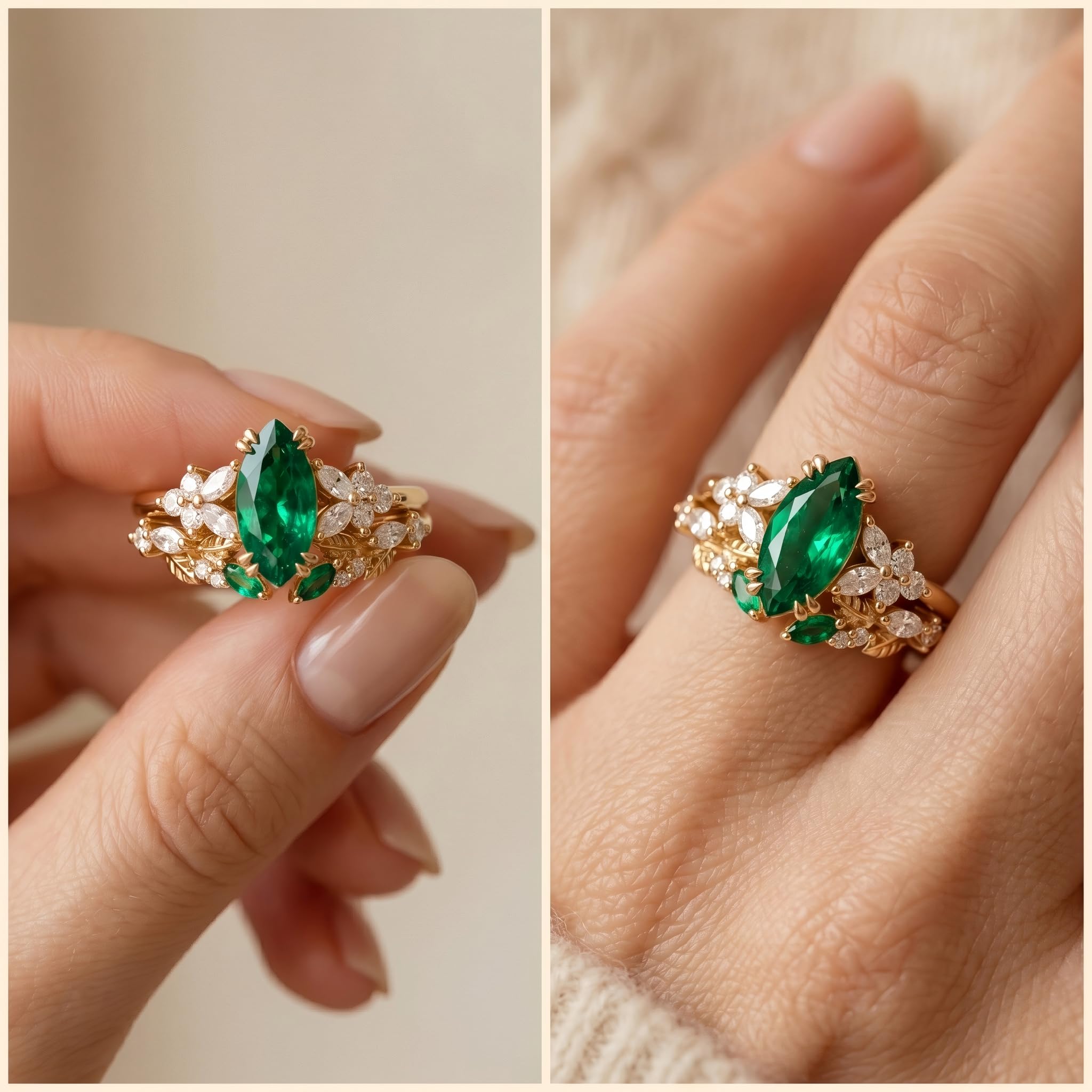 1-3CT Emerald Rings for Women 10K /14K /18K Solid Gold Emerald Engagement Ring May Birthstone Gemstone Wedding Promise Ring for Her Free Engraving