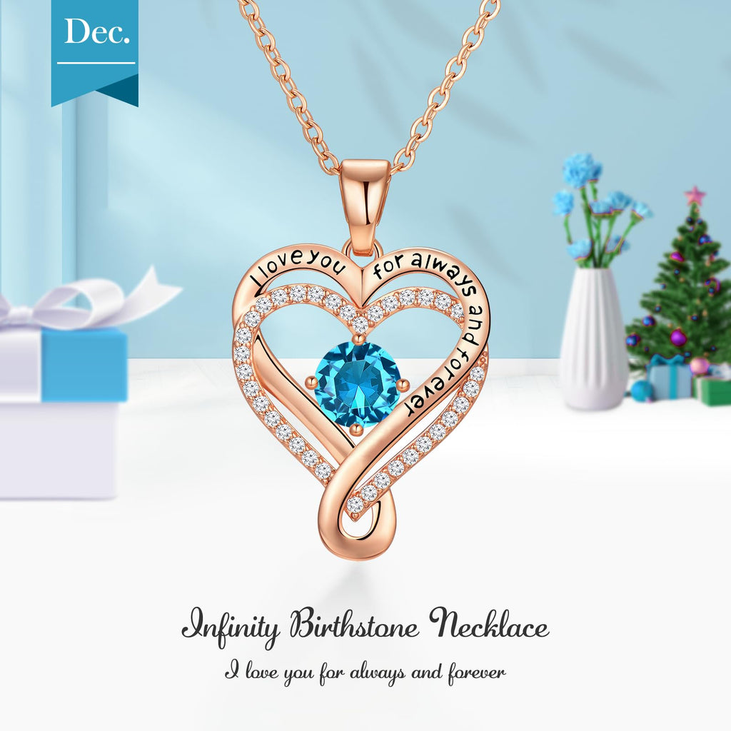 Infinity Love Heart Birthstone Necklace for Women Wife, S925 Sterling Silver Anniversary for Women Wife Birthday Gift for Her Girlfriend Mom Daughters, I Love You Women's Jewelry 18k Rose Gold Filled