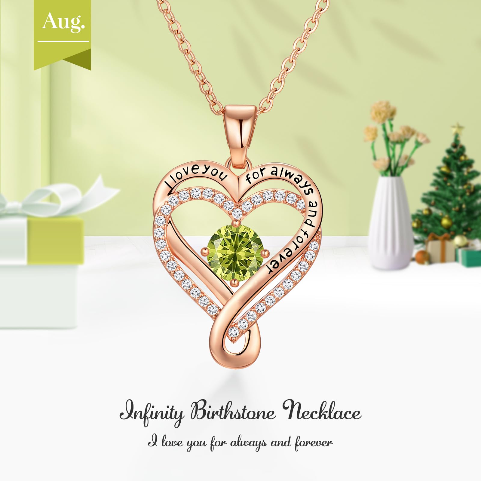 Infinity Love Heart Birthstone Necklace for Women Wife, S925 Sterling Silver Anniversary for Women Wife Birthday Gift for Her Girlfriend Mom Daughters, I Love You Women's Jewelry 18k Rose Gold Filled