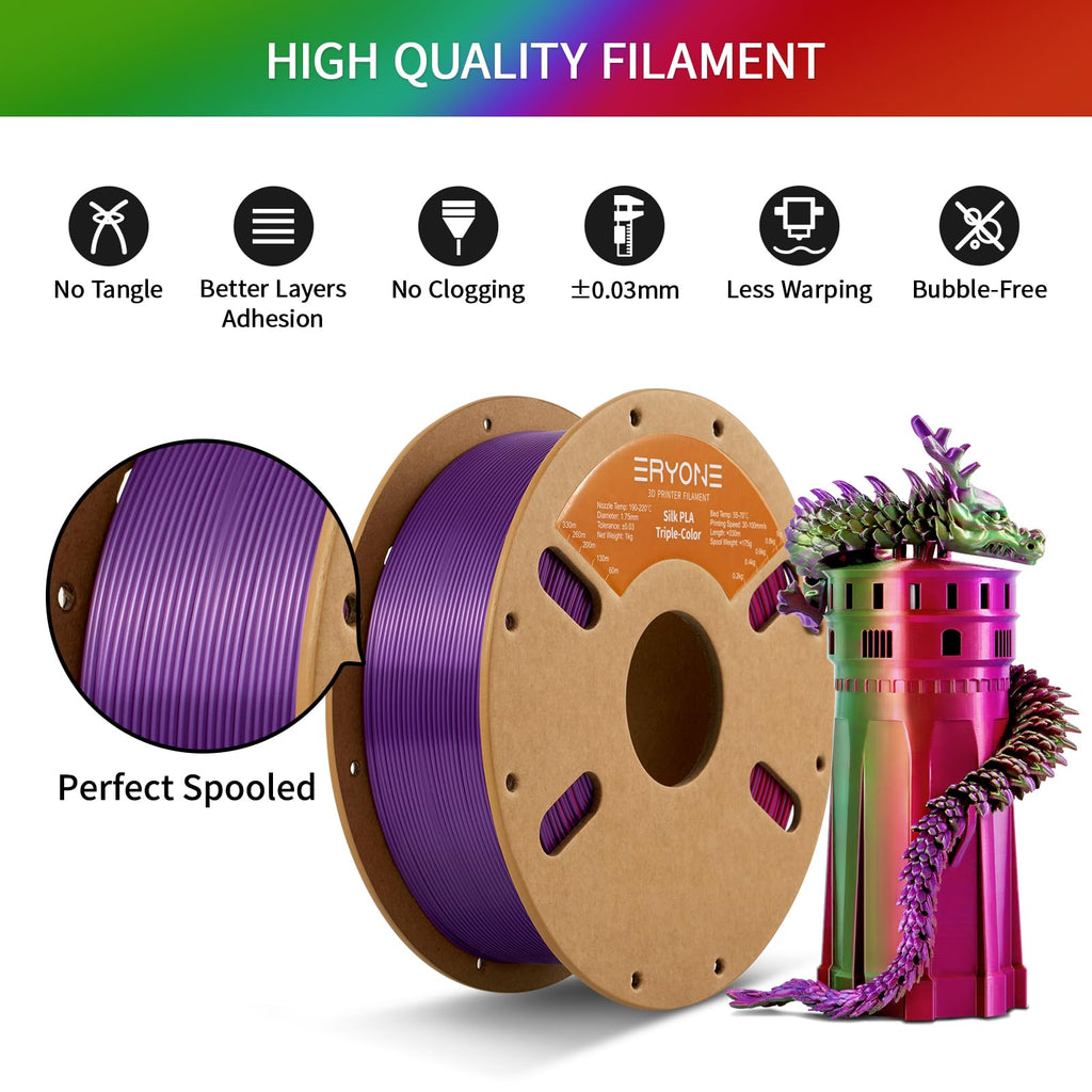 ERYONE Silk Tri Color PLA Filament 3D Printer 1.75mm +/- 0.03mm, Multicolor Filament Tricolor PLA Bundle 2KG Cardboard Spool, Red Blue Green