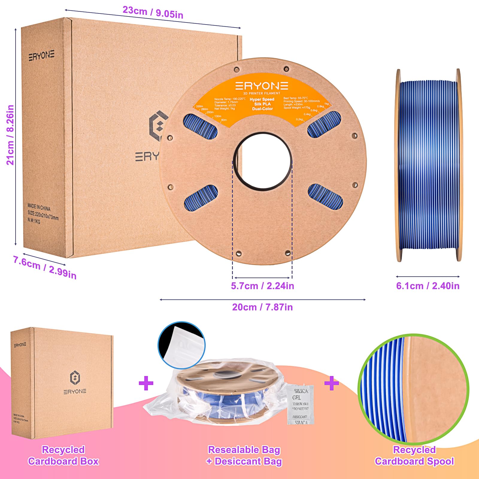 ERYONE Silk Filament PLA+ 1.75mm Shiny 3D Printer Filament, Multicolor PLA 4 in 1, 1kg (2.2LBS)/Spool, HS Silk Quadruple Color Aurora Dream (Teal Green & Violet & Electric Pink & Indigo)