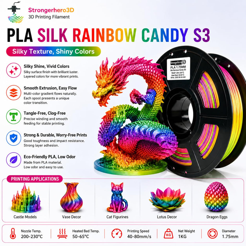 PLA Rainbow Silk Filament,Multi Color,Net Weight 1kg(2.2lbs) Accuracy +/-0.05mm