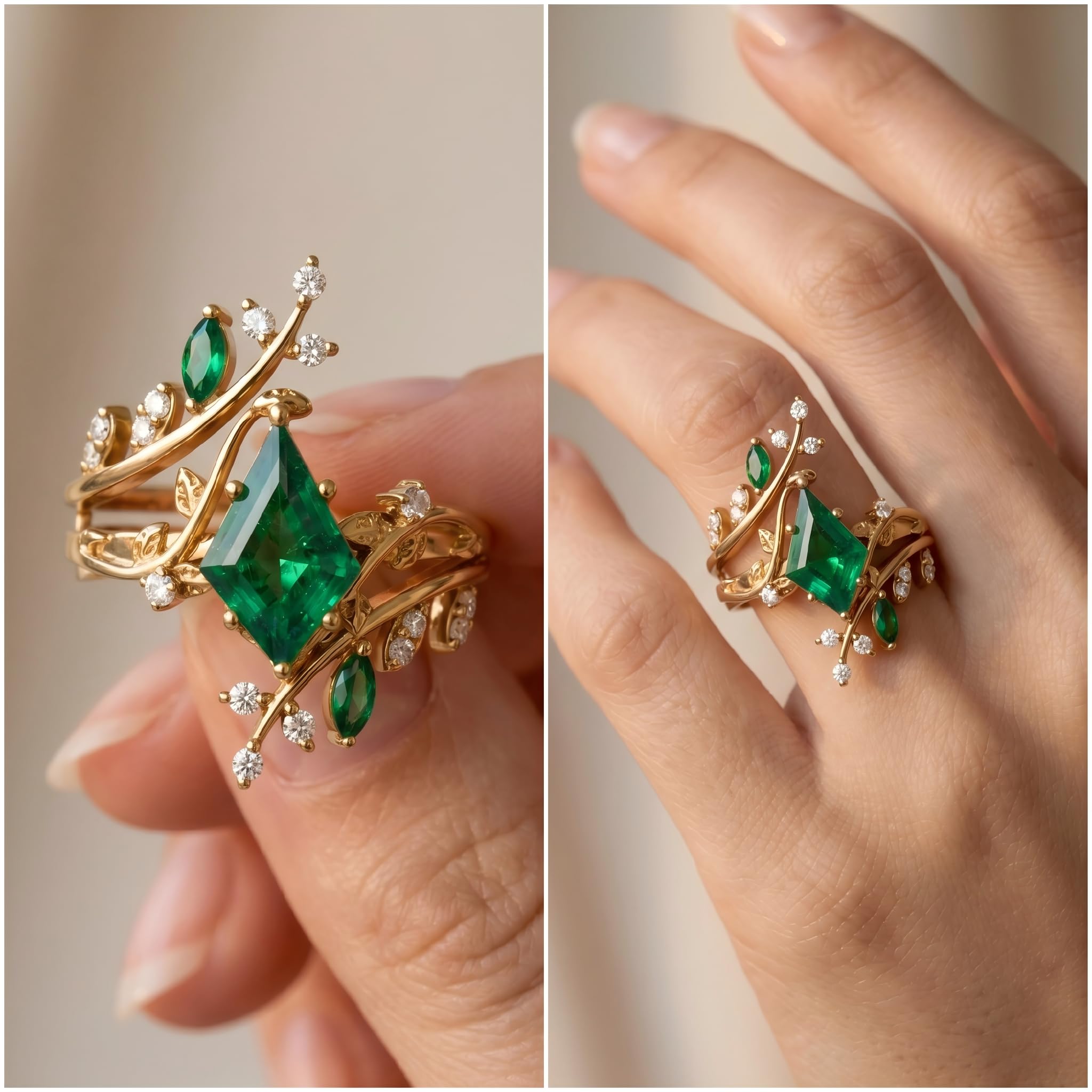 1-3CT Emerald Rings for Women 10K /14K /18K Solid Gold Emerald Engagement Ring May Birthstone Gemstone Wedding Promise Ring for Her Free Engraving