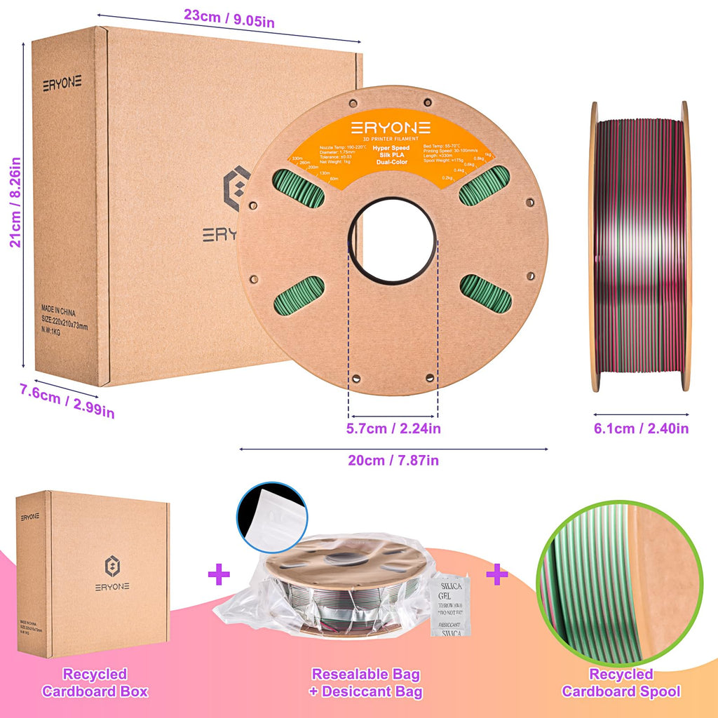 ERYONE Silk Filament PLA+ 1.75mm Shiny 3D Printer Filament, Multicolor PLA 4 in 1, 1kg (2.2LBS)/Spool, HS Silk Quadruple Color Aurora Dream (Teal Green & Violet & Electric Pink & Indigo)