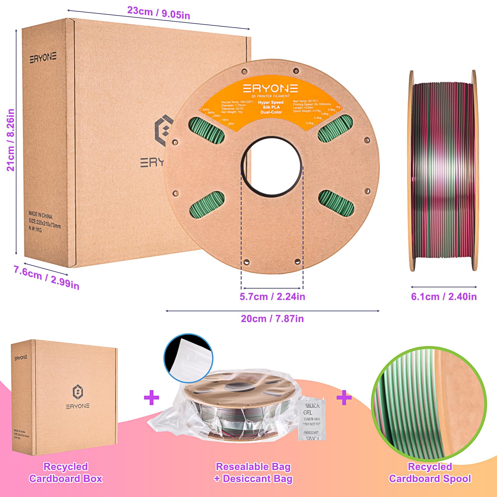 ERYONE Silk Filament PLA+ 1.75mm Shiny 3D Printer Filament, Multicolor PLA 4 in 1, 1kg (2.2LBS)/Spool, HS Silk Quadruple Color Aurora Dream (Teal Green & Violet & Electric Pink & Indigo)