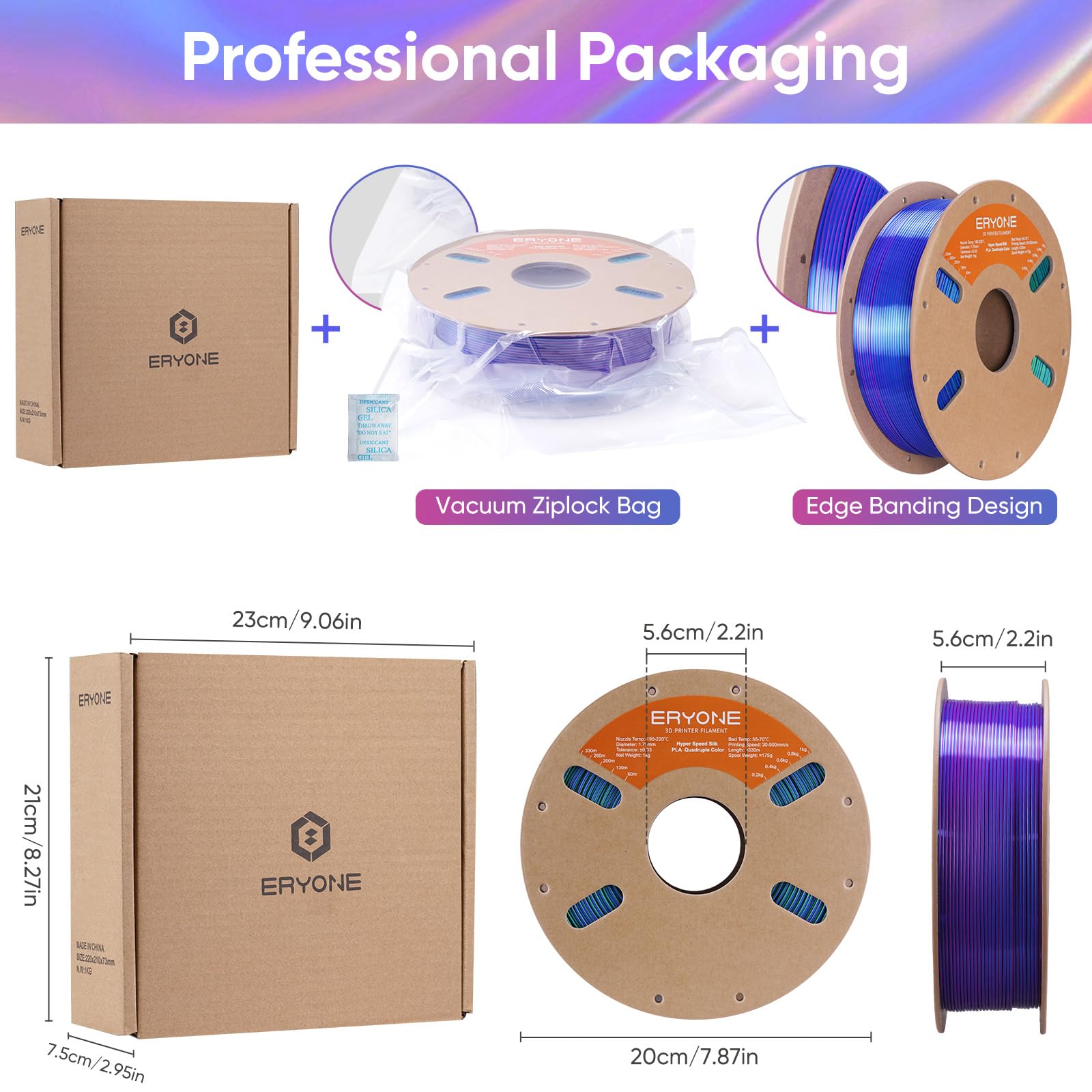 ERYONE Silk Filament PLA+ 1.75mm Shiny 3D Printer Filament, Multicolor PLA 4 in 1, 1kg (2.2LBS)/Spool, HS Silk Quadruple Color Aurora Dream (Teal Green & Violet & Electric Pink & Indigo)