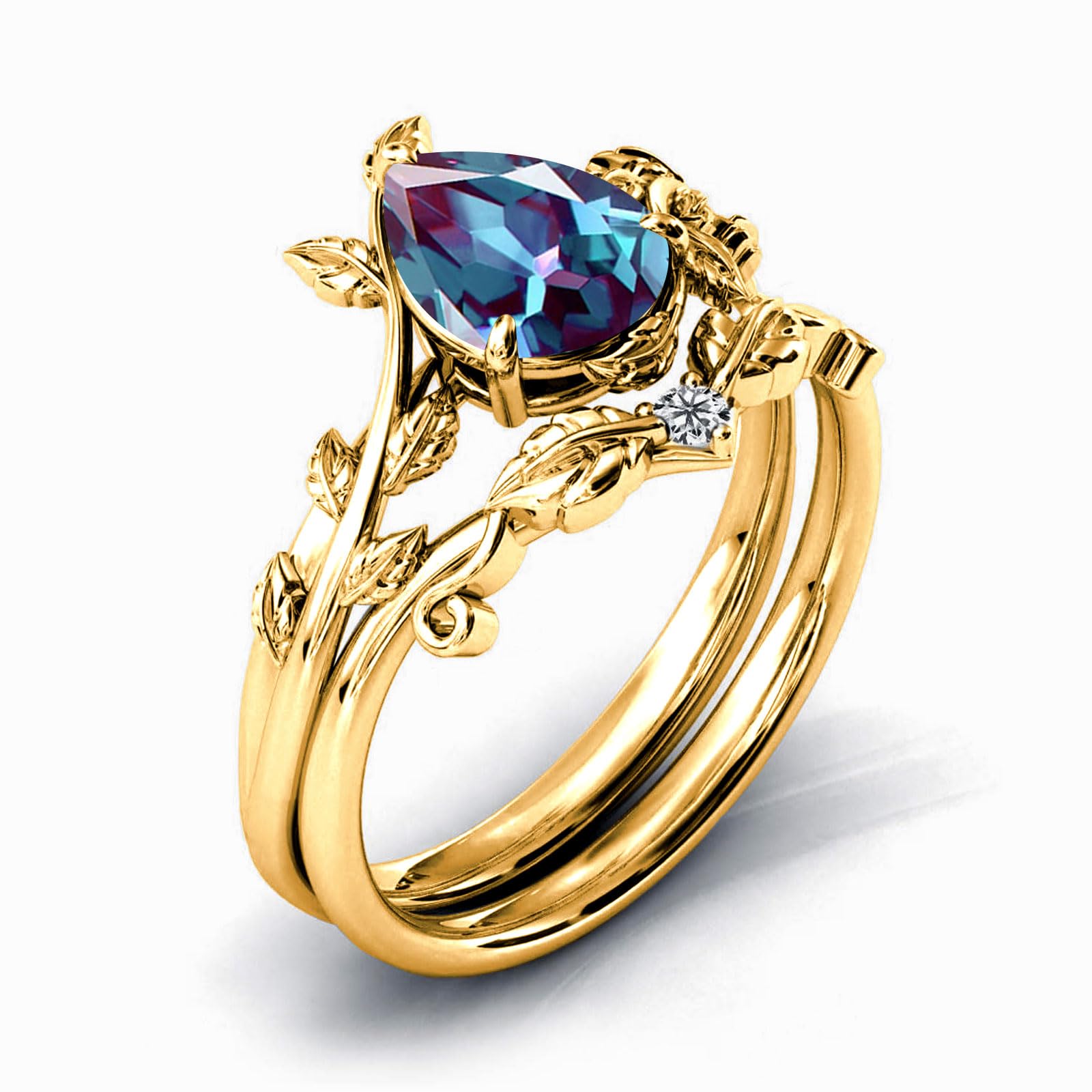 10k/14k/18k Solid Gold 1.5CT Pear Gemstone Vintage Bridal Ring Set for Women Nature Inspired Leaf Vine Art Deco Birthstone Rings Sets Anniversary Engagement Jewelry Gifts for Her Wife Size 4~12