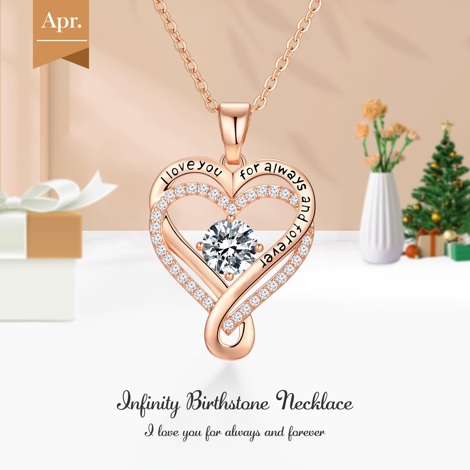 Infinity Love Heart Birthstone Necklace for Women Wife, S925 Sterling Silver Anniversary for Women Wife Birthday Gift for Her Girlfriend Mom Daughters, I Love You Women's Jewelry 18k Rose Gold Filled