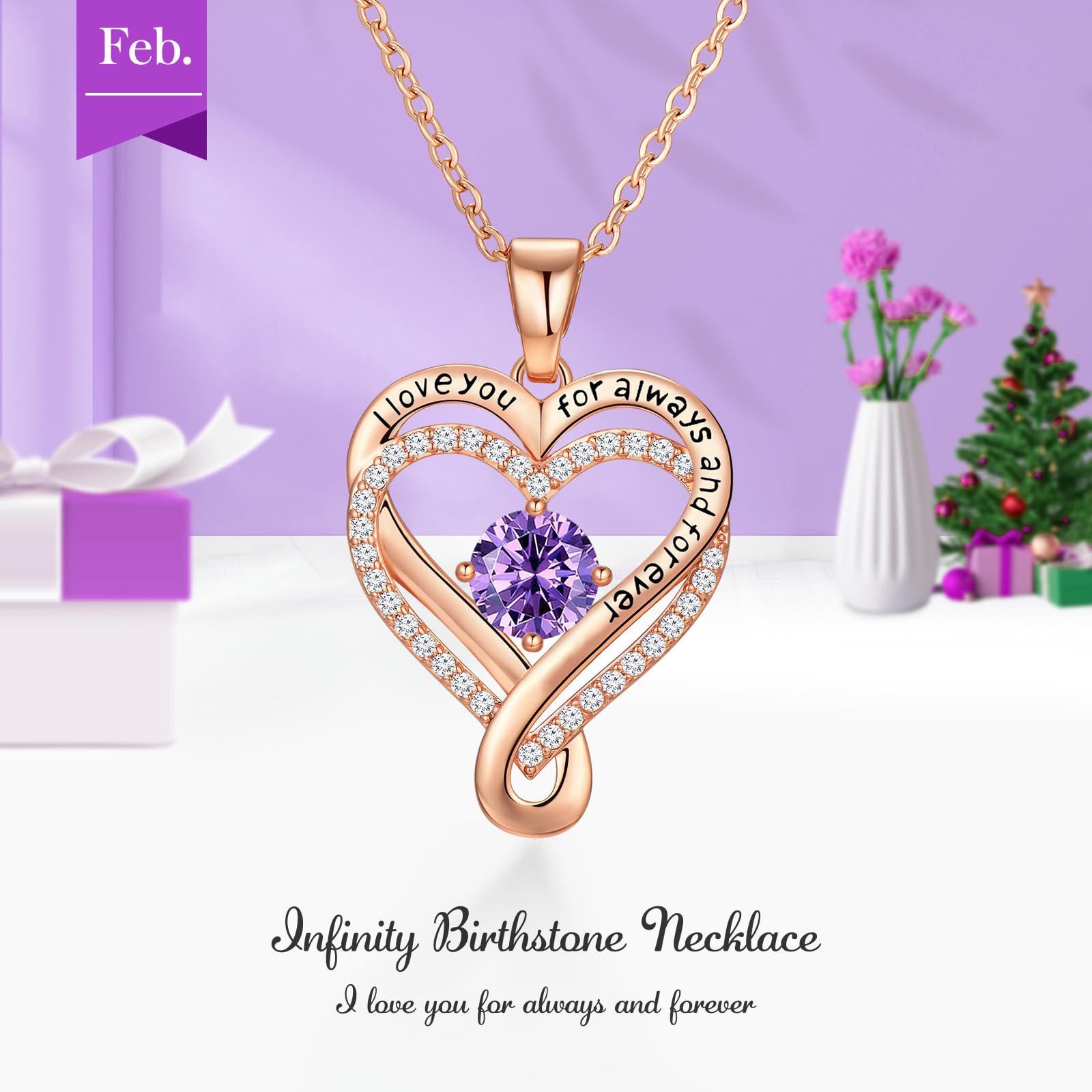 Infinity Love Heart Birthstone Necklace for Women Wife, S925 Sterling Silver Anniversary for Women Wife Birthday Gift for Her Girlfriend Mom Daughters, I Love You Women's Jewelry 18k Rose Gold Filled