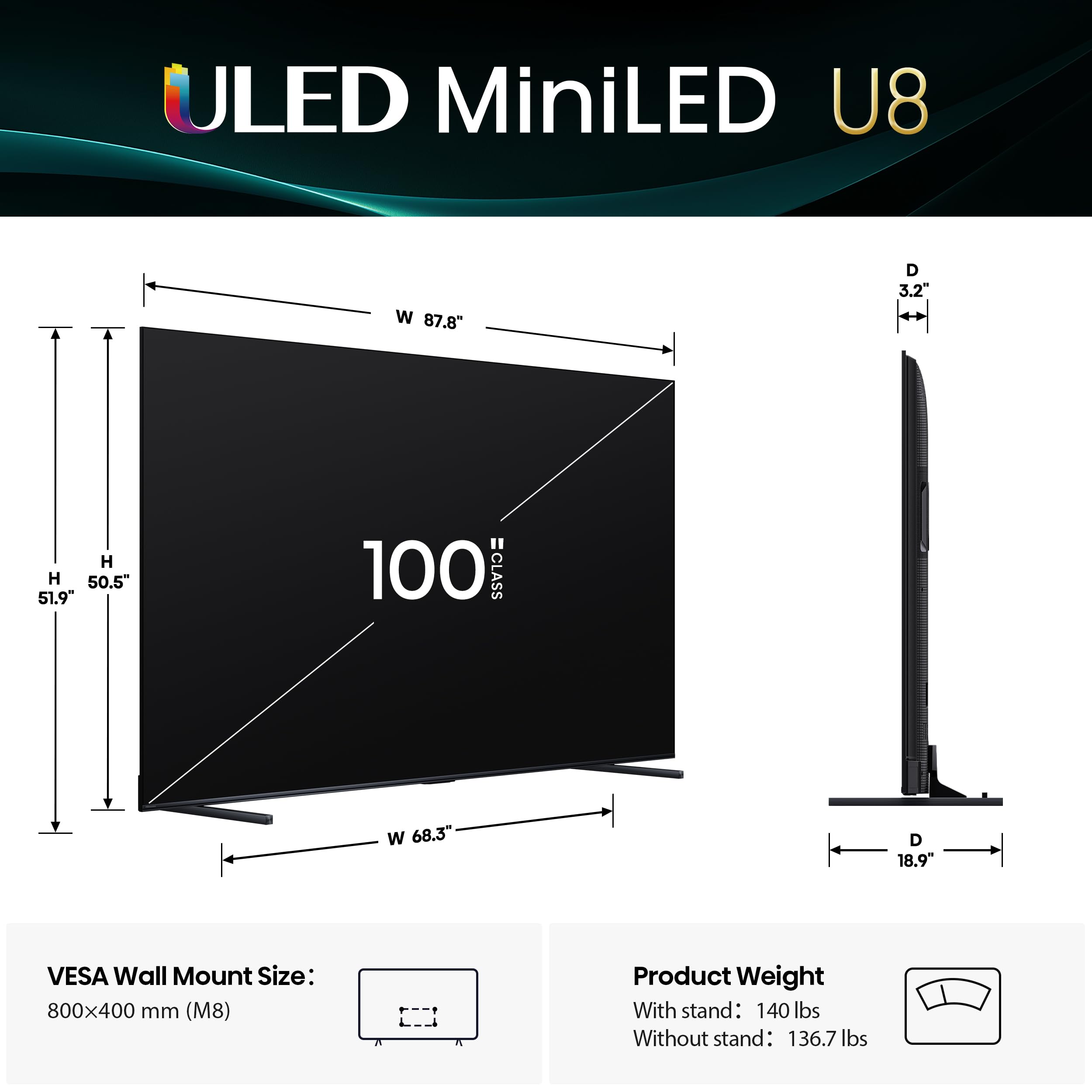 Hisense 55" U8 Series ULED Mini-LED 4K UHD Smart Google TV (55U8QG) - QLED, Native 165Hz, VRR 288, Up to LD5600, 5000 Nits, HDR10+, Dolby Vision IQ · Atmos, IMAX Enhanced, 4.1.2 Ch Audio