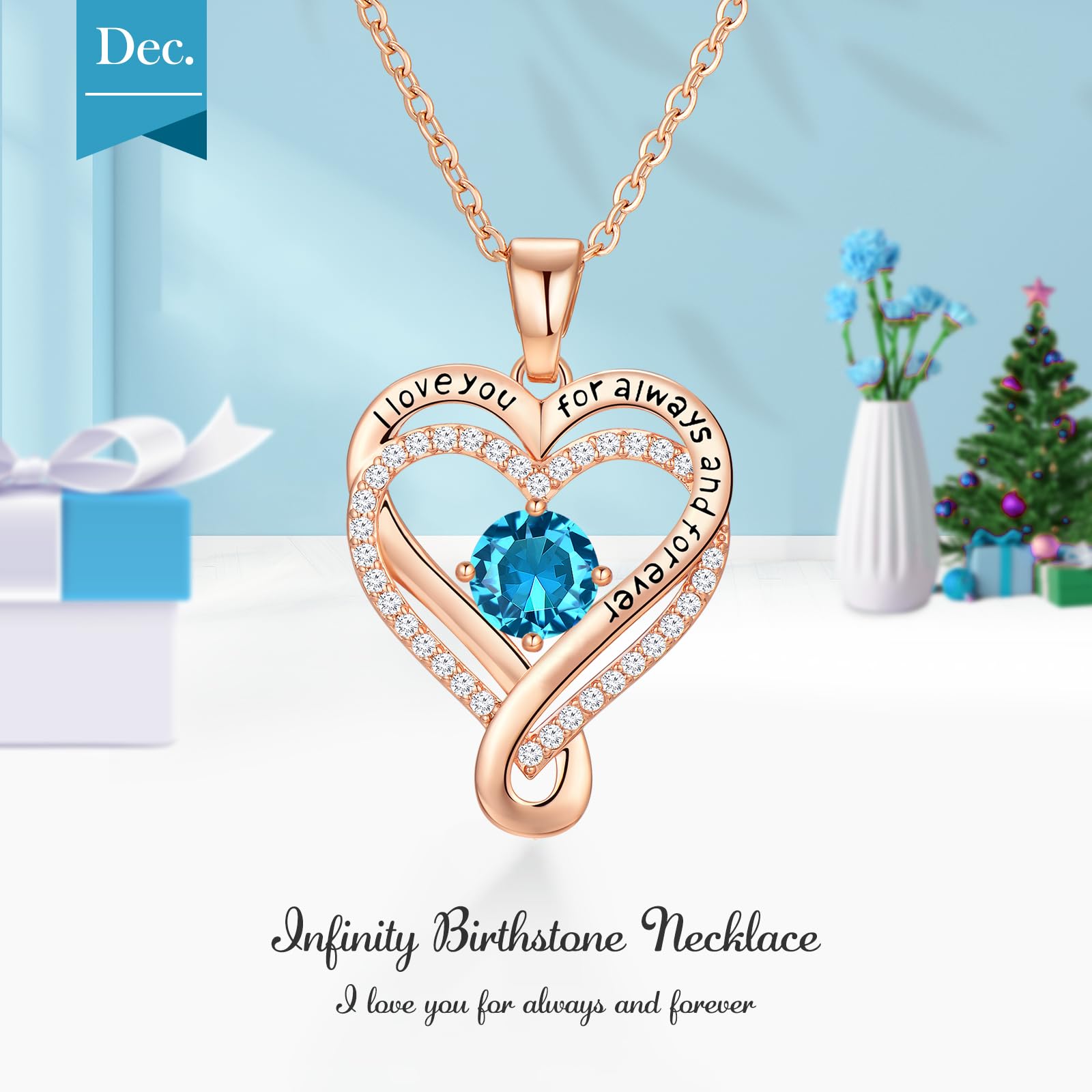 Infinity Love Heart Birthstone Necklace for Women Wife, S925 Sterling Silver Anniversary for Women Wife Birthday Gift for Her Girlfriend Mom Daughters, I Love You Women's Jewelry 18k Rose Gold Filled