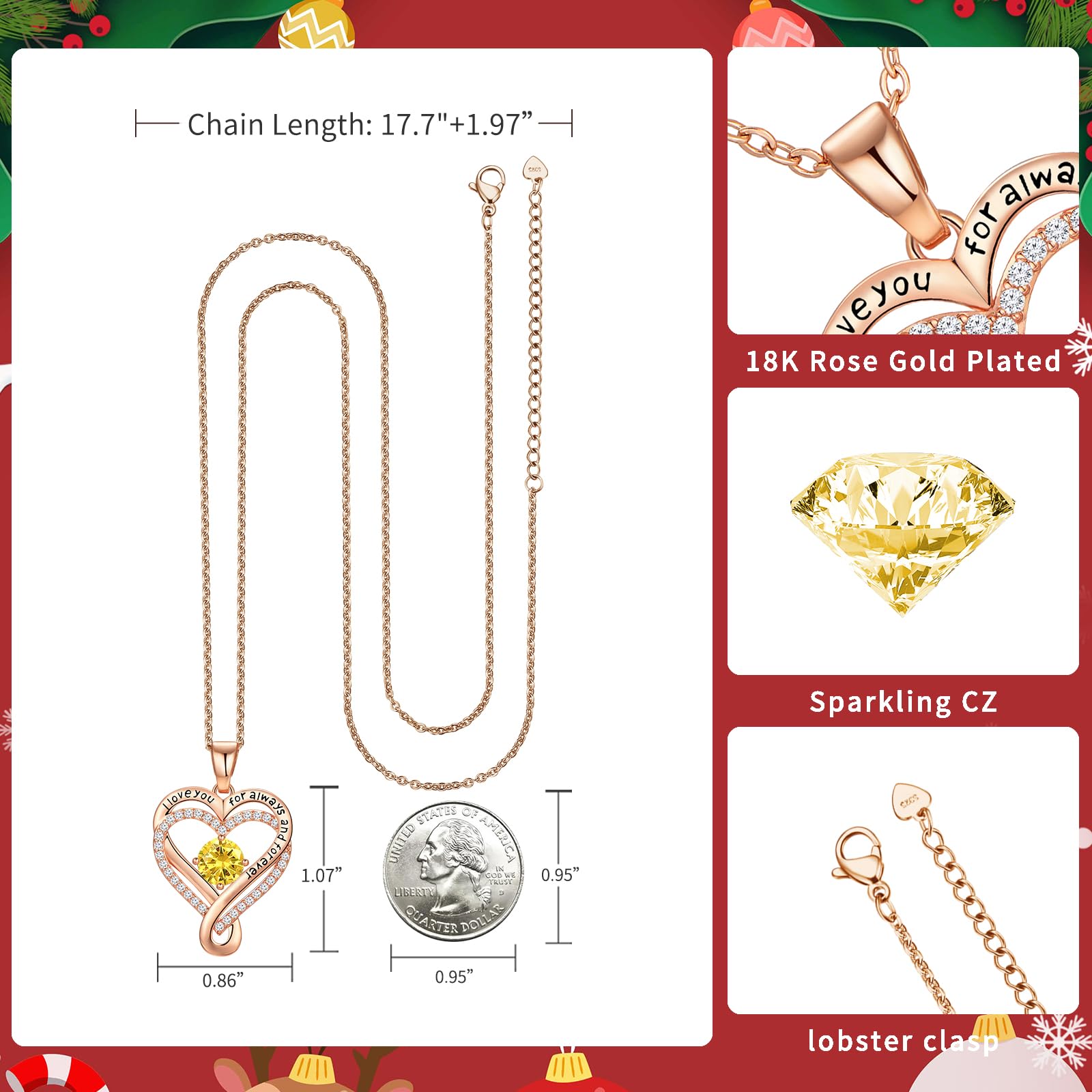 Infinity Love Heart Birthstone Necklace for Women Wife, S925 Sterling Silver Anniversary for Women Wife Birthday Gift for Her Girlfriend Mom Daughters, I Love You Women's Jewelry 18k Rose Gold Filled