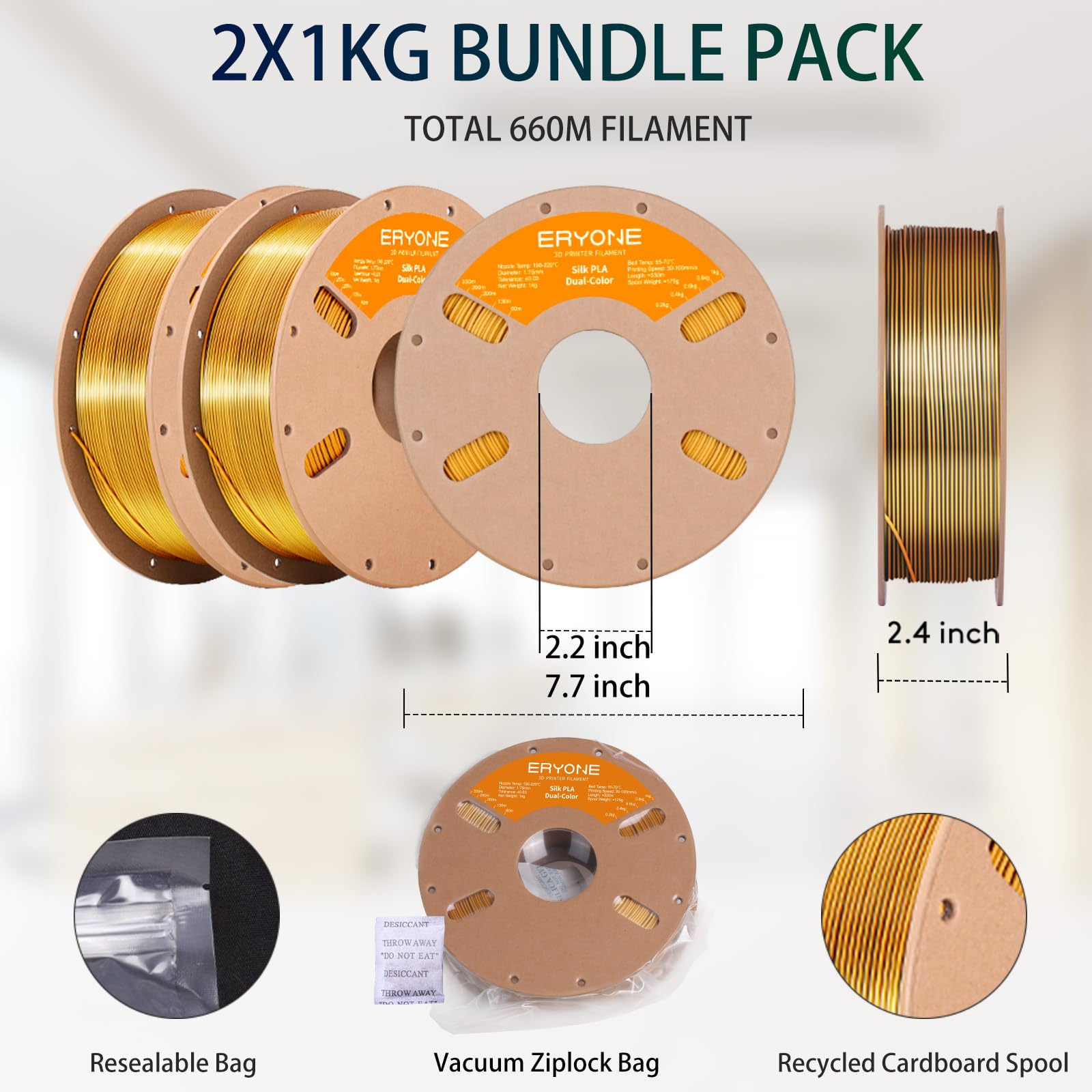 ERYONE Silk Tri Color PLA Filament 3D Printer 1.75mm +/- 0.03mm, Multicolor Filament Tricolor PLA Bundle 2KG Cardboard Spool, Red Blue Green