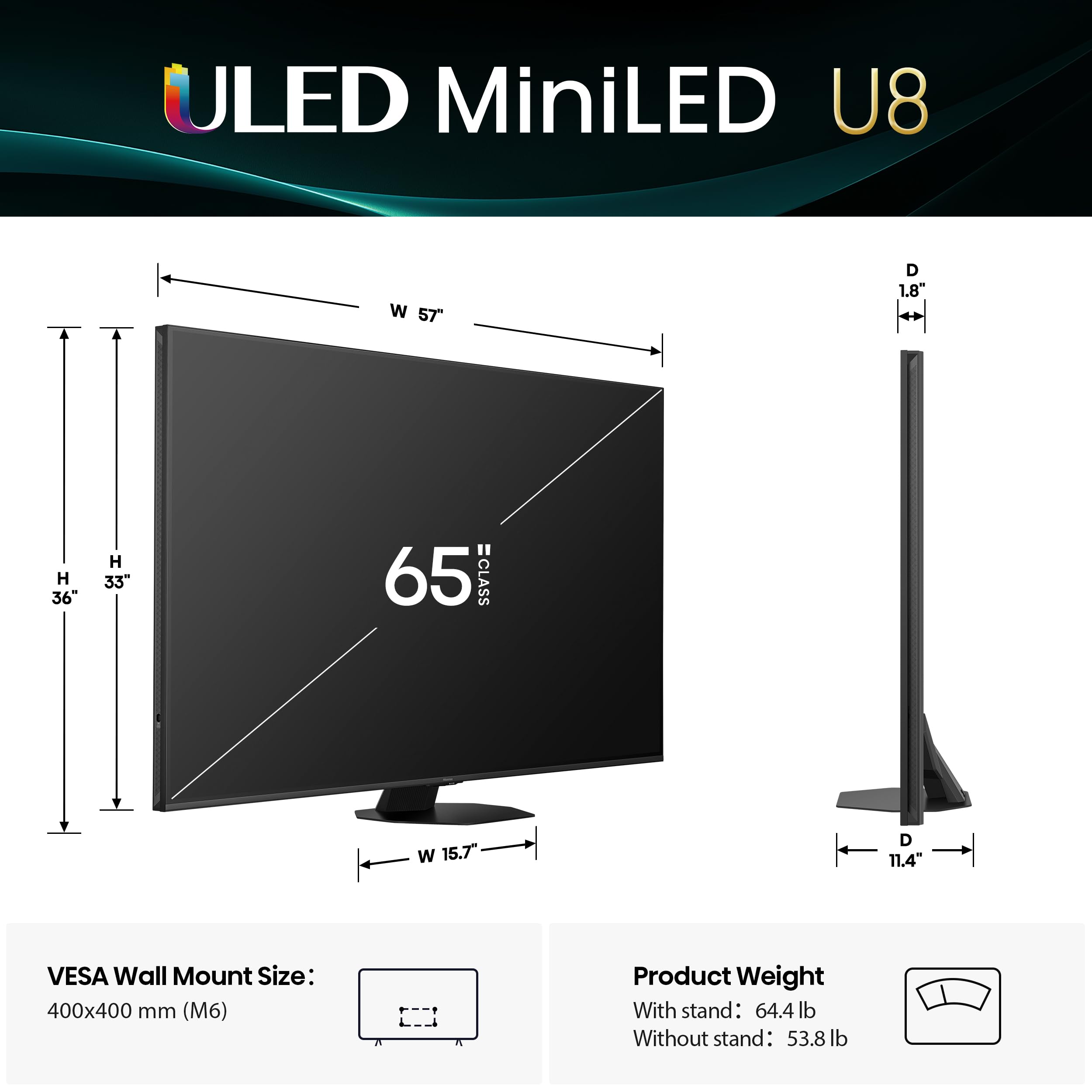 Hisense 55" U8 Series ULED Mini-LED 4K UHD Smart Google TV (55U8QG) - QLED, Native 165Hz, VRR 288, Up to LD5600, 5000 Nits, HDR10+, Dolby Vision IQ · Atmos, IMAX Enhanced, 4.1.2 Ch Audio