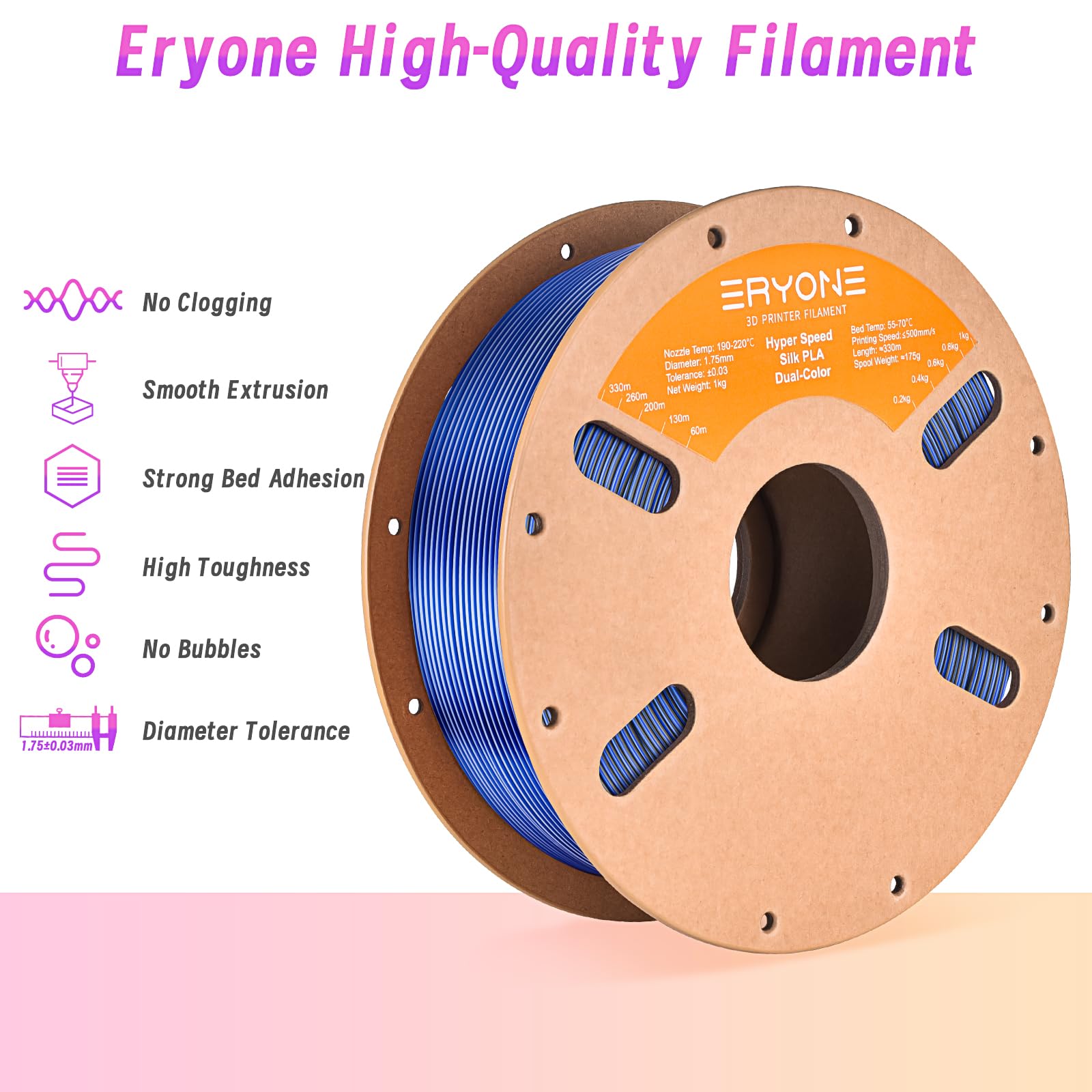 ERYONE Silk Filament PLA+ 1.75mm Shiny 3D Printer Filament, Multicolor PLA 4 in 1, 1kg (2.2LBS)/Spool, HS Silk Quadruple Color Aurora Dream (Teal Green & Violet & Electric Pink & Indigo)