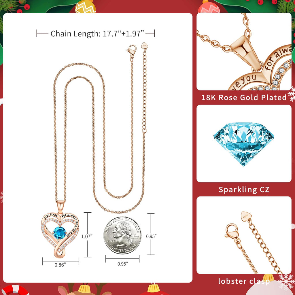 Infinity Love Heart Birthstone Necklace for Women Wife, S925 Sterling Silver Anniversary for Women Wife Birthday Gift for Her Girlfriend Mom Daughters, I Love You Women's Jewelry 18k Rose Gold Filled