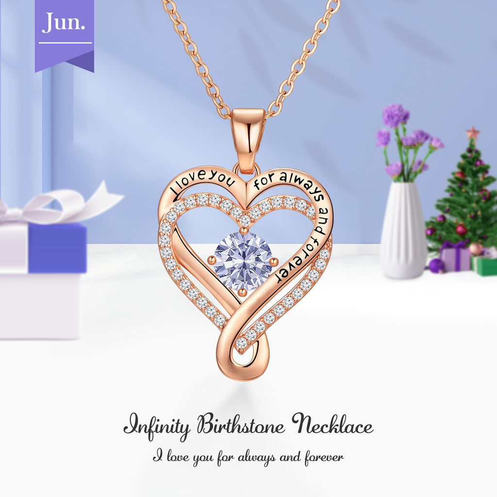 Infinity Love Heart Birthstone Necklace for Women Wife, S925 Sterling Silver Anniversary for Women Wife Birthday Gift for Her Girlfriend Mom Daughters, I Love You Women's Jewelry 18k Rose Gold Filled