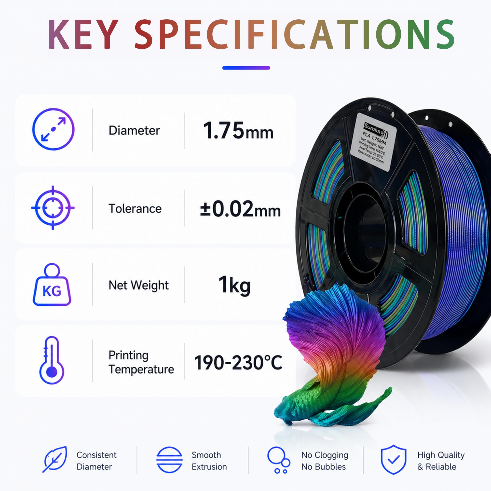 PLA Rainbow Silk Filament,Multi Color,Net Weight 1kg(2.2lbs) Accuracy +/-0.05mm