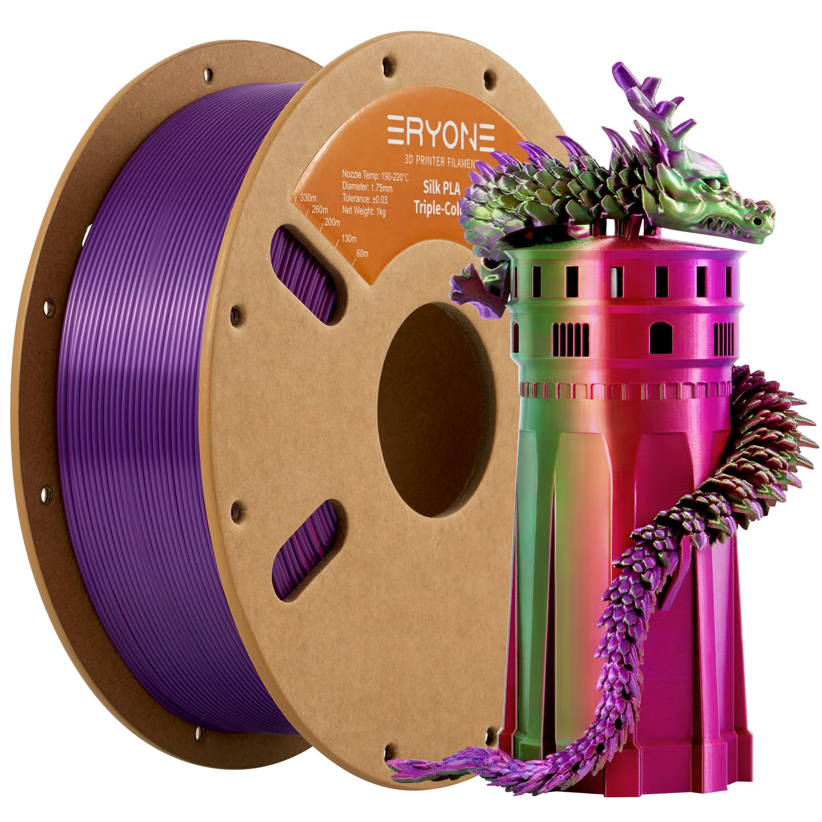 ERYONE Silk Tri Color PLA Filament 3D Printer 1.75mm +/- 0.03mm, Multicolor Filament Tricolor PLA Bundle 2KG Cardboard Spool, Red Blue Green