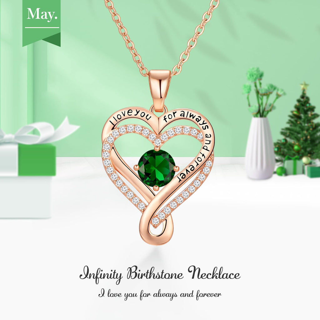 Infinity Love Heart Birthstone Necklace for Women Wife, S925 Sterling Silver Anniversary for Women Wife Birthday Gift for Her Girlfriend Mom Daughters, I Love You Women's Jewelry 18k Rose Gold Filled